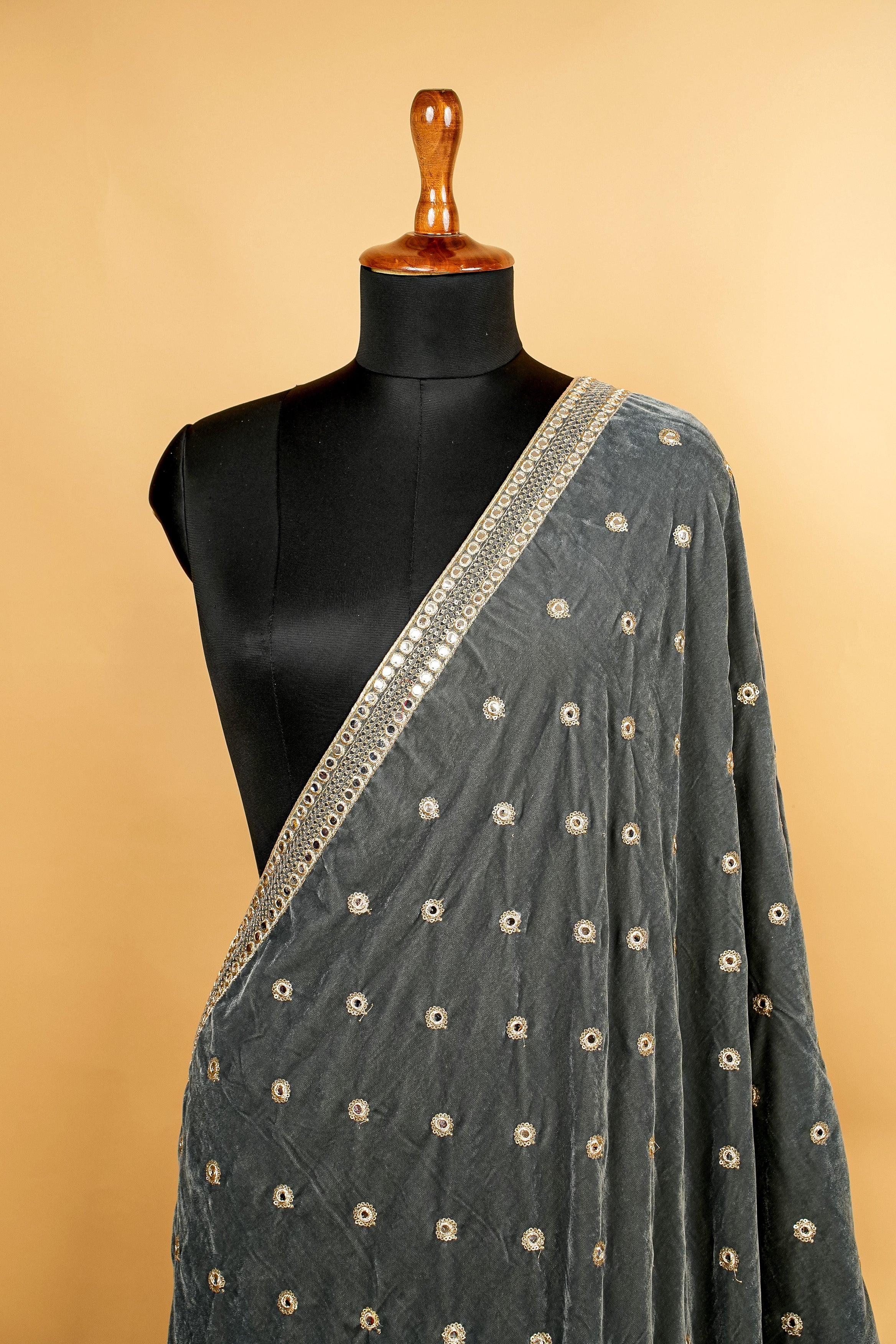 Grey Dupatta With Zari,Sequins and Mirror Work with Border