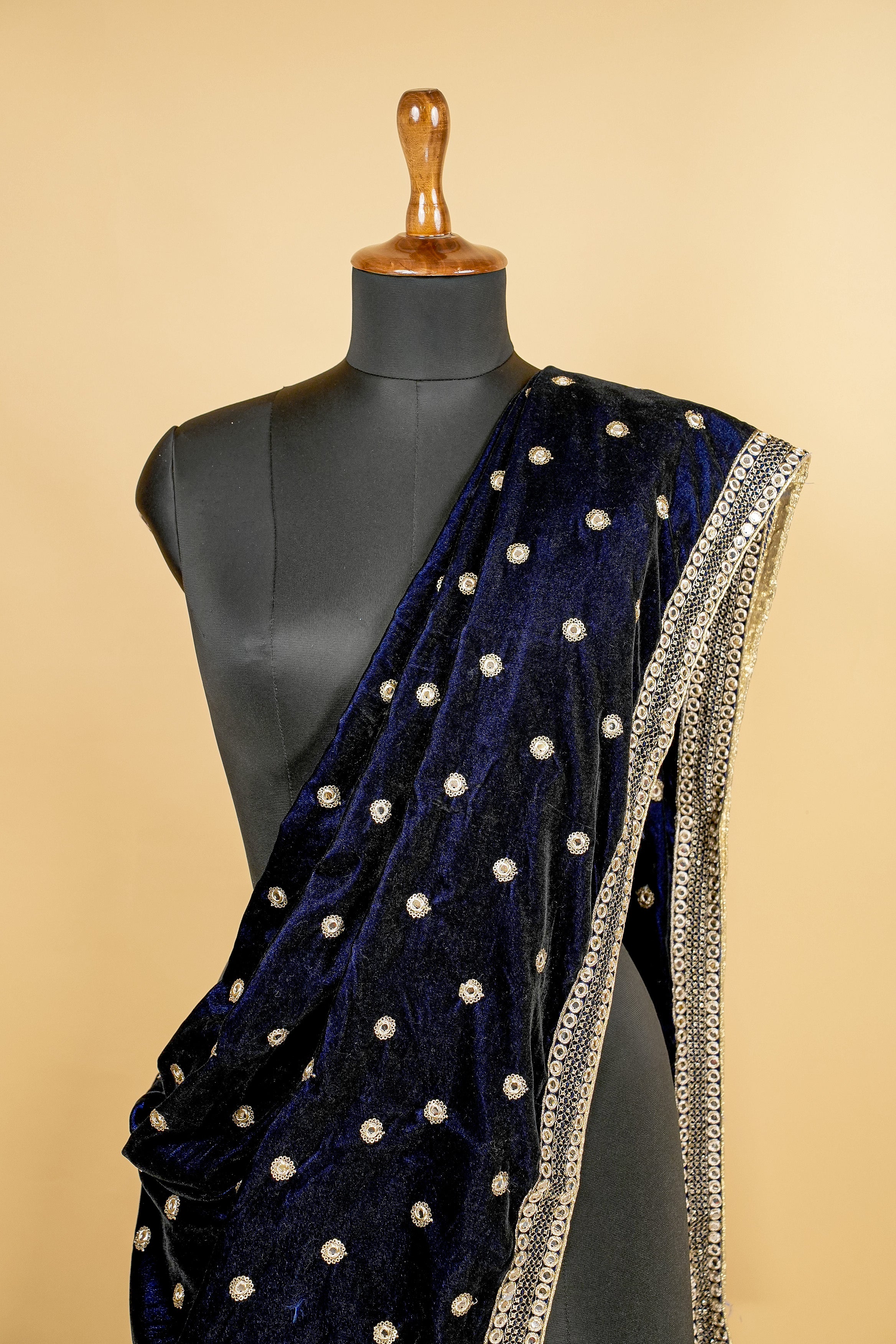 Navy Blue Dupatta With Zari,Sequins and Mirror Work with designer Border