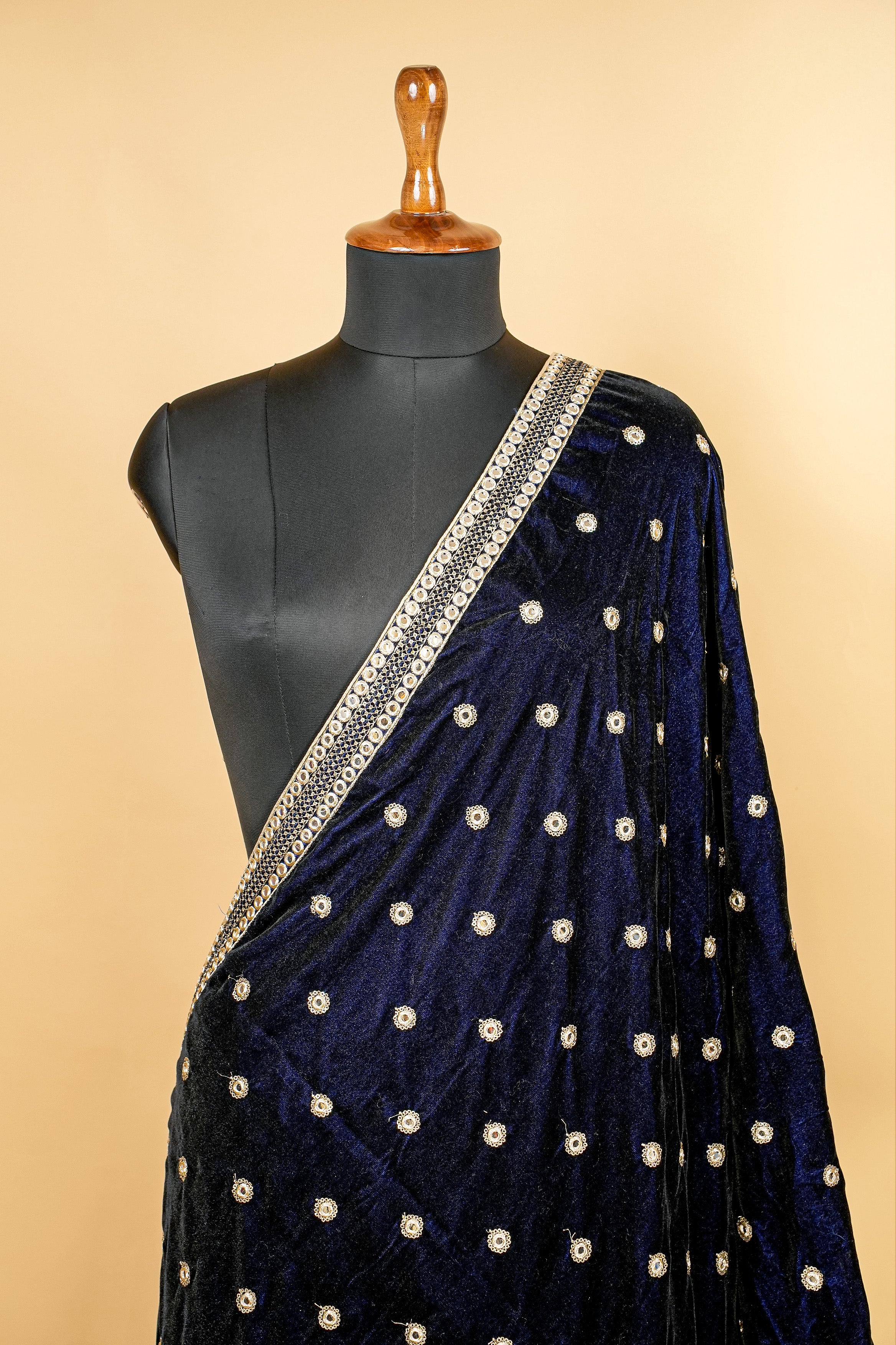 Navy Blue Dupatta With Zari,Sequins and Mirror Work Border