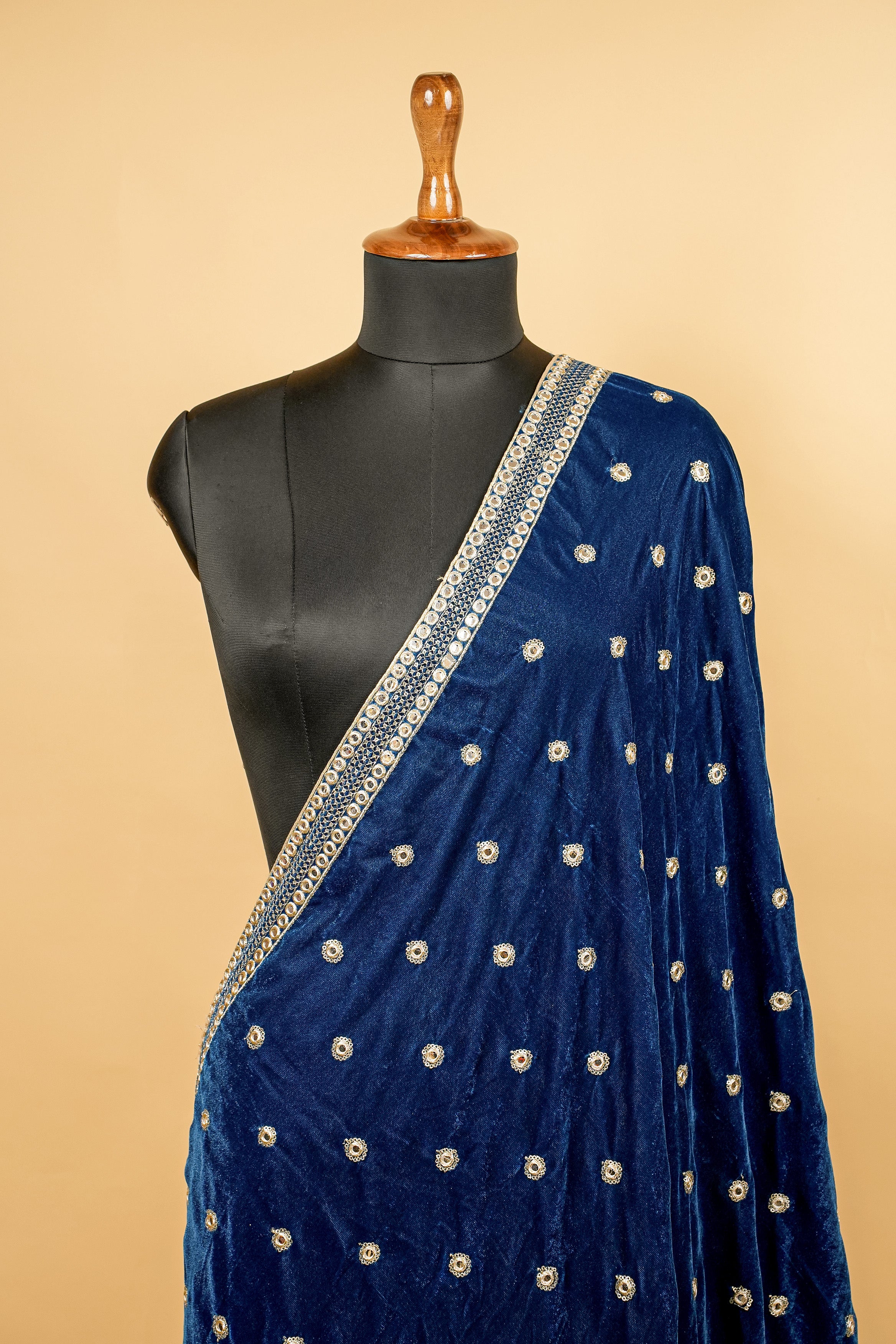 Teal Blue Dupatta With Zari,Sequins and Mirror Work with Border