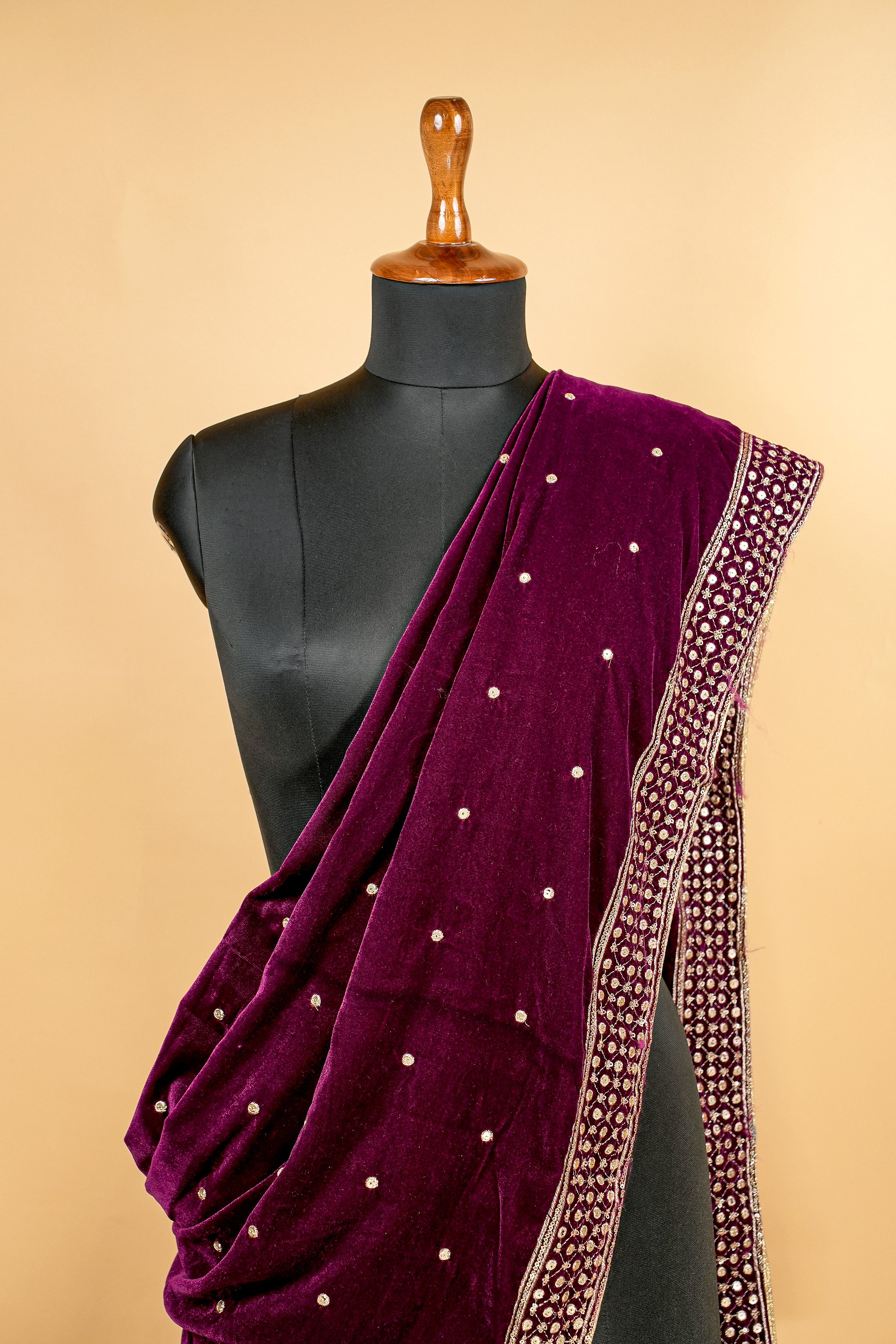 Wine Dupatta With Zari,Sequins and Mirror Work with Border Design