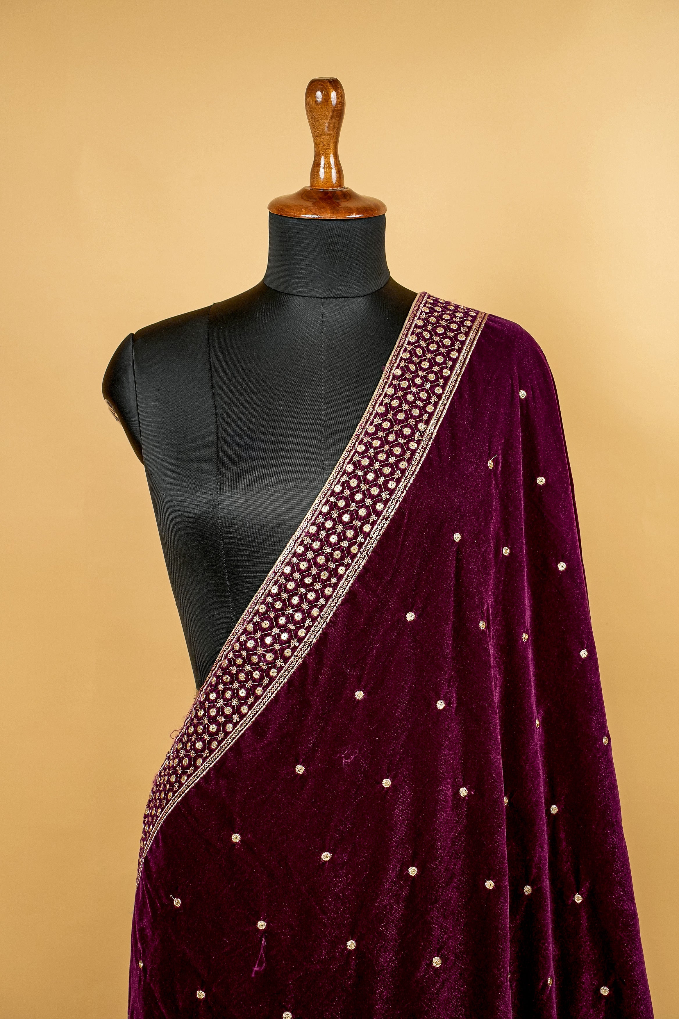 Wine Dupatta With Zari,Sequins and Mirror Work with Border