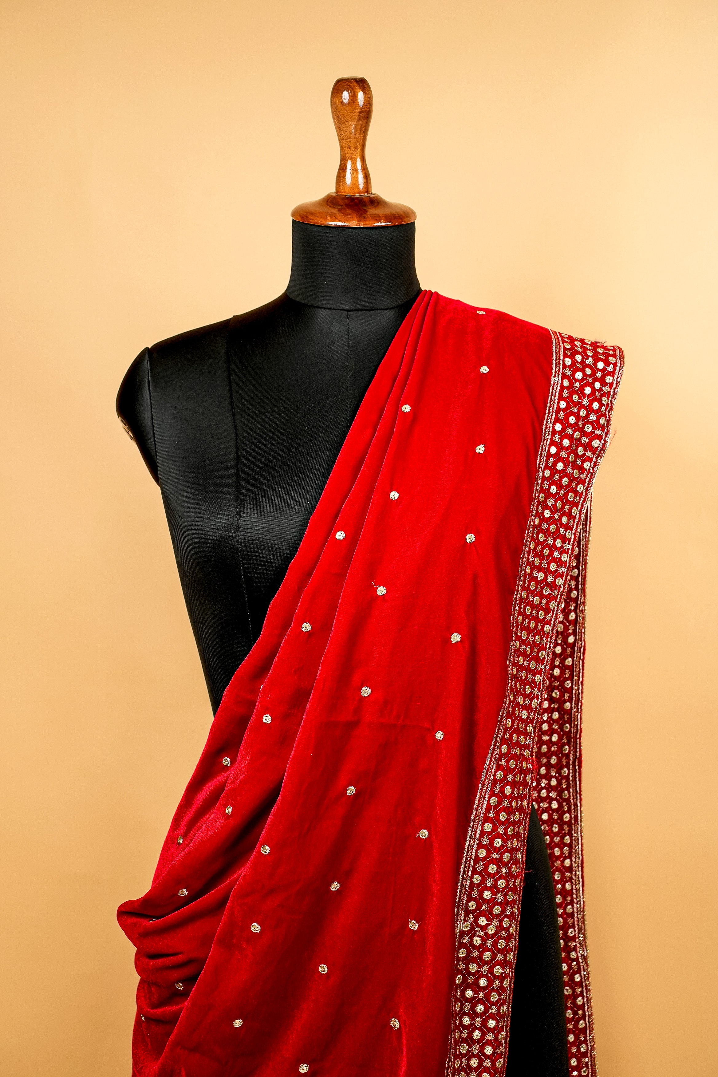 Red Dupatta With Zari,Sequins and Mirror Work with Border