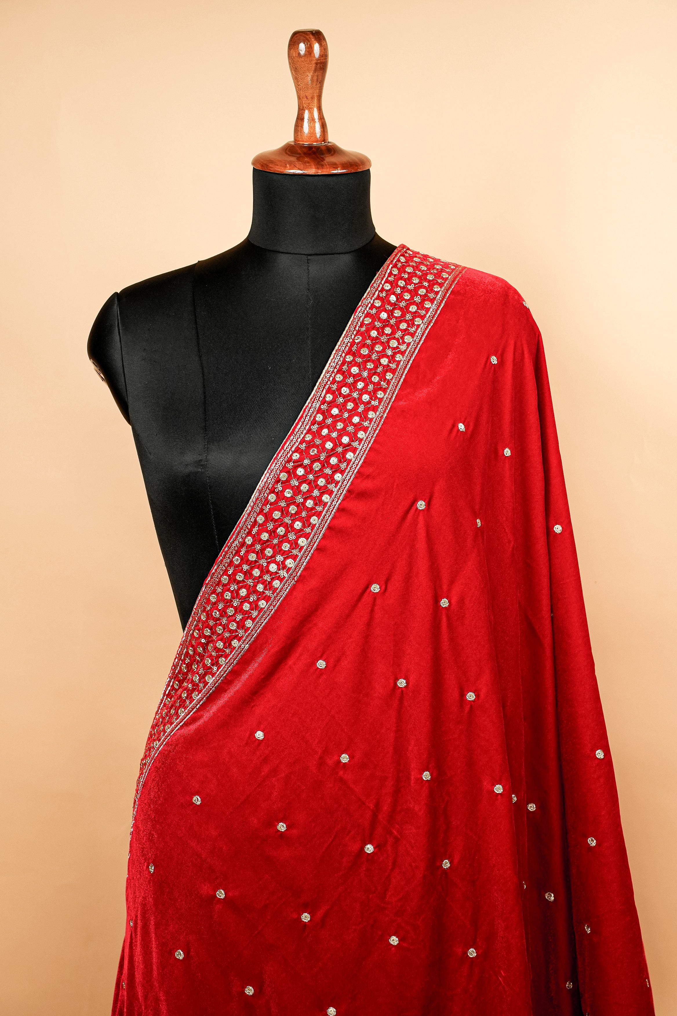 Red Dupatta With Zari,Sequins and Mirror Work with Border