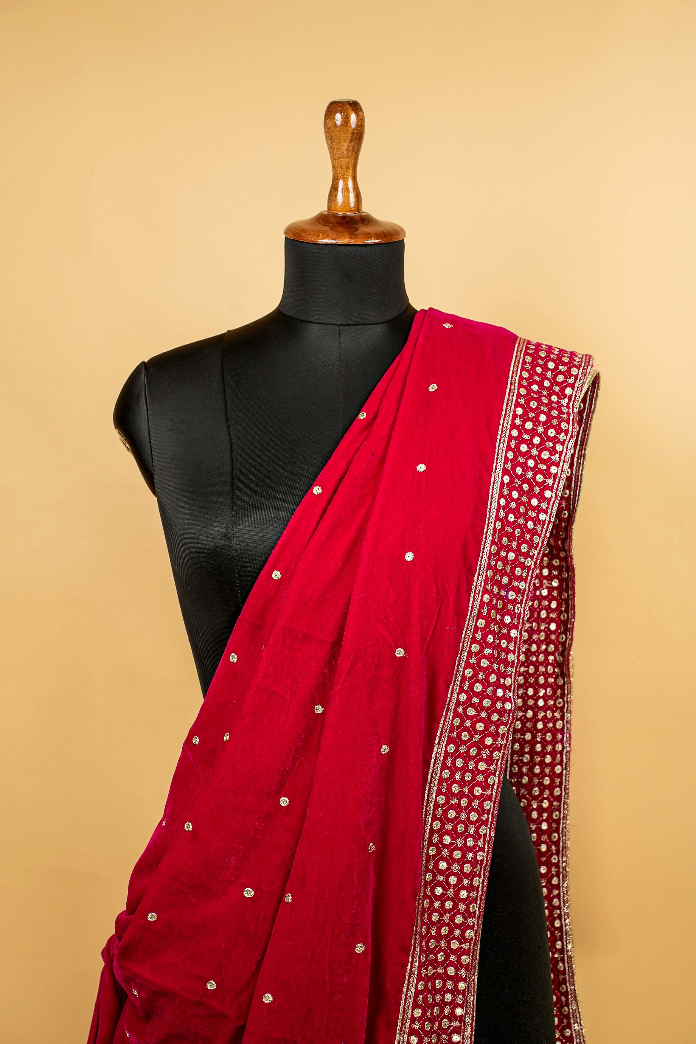 Rani Pink Velvet Dupatta With Zari,Sequins and Mirror Work with Border