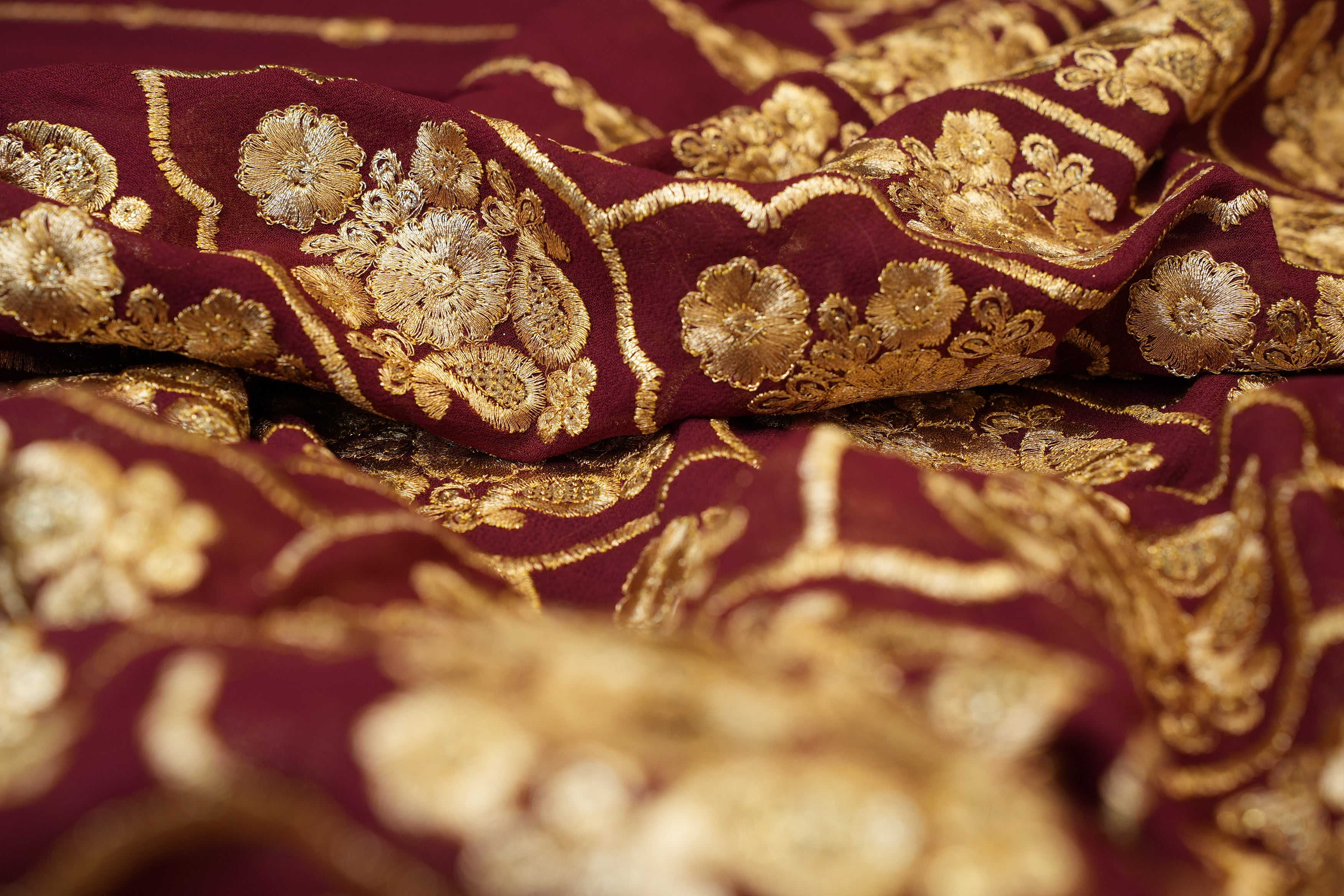 Maroon Georgette - Opulent Golden Zari & Sequins Floral Embroidery