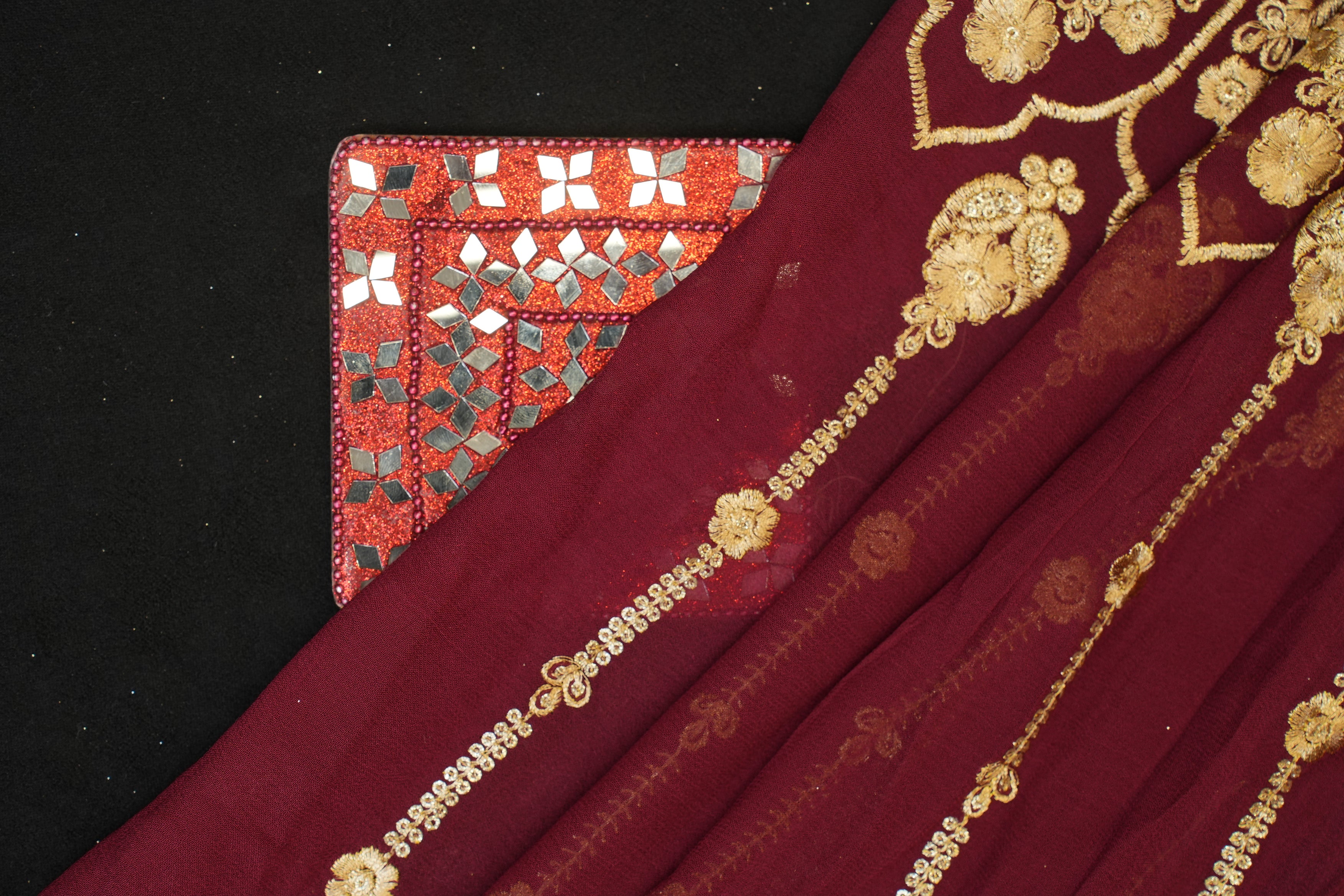 Maroon Georgette - Opulent Golden Zari & Sequins Floral Embroidery