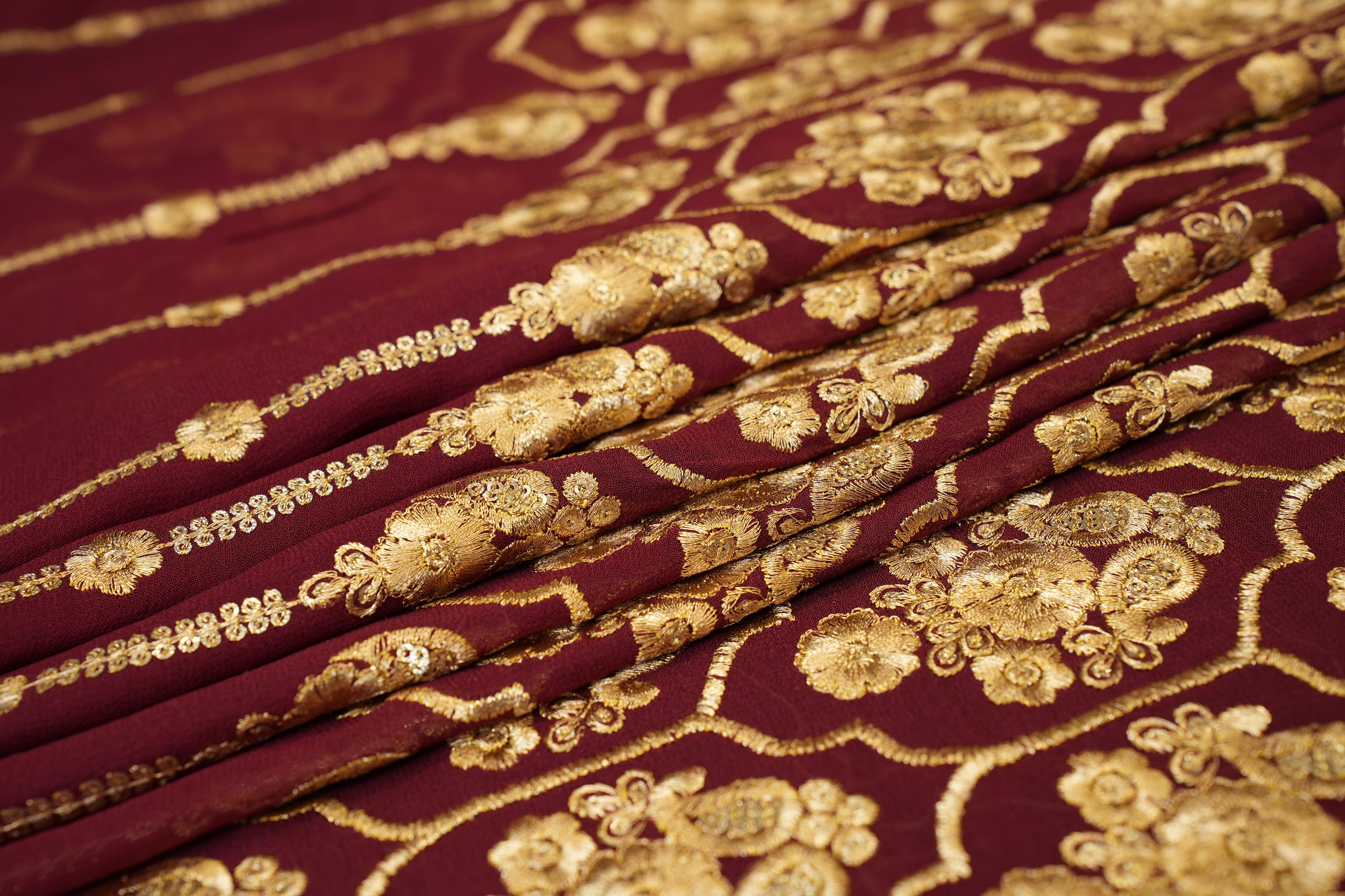 Maroon Georgette - Opulent Golden Zari & Sequins Floral Embroidery