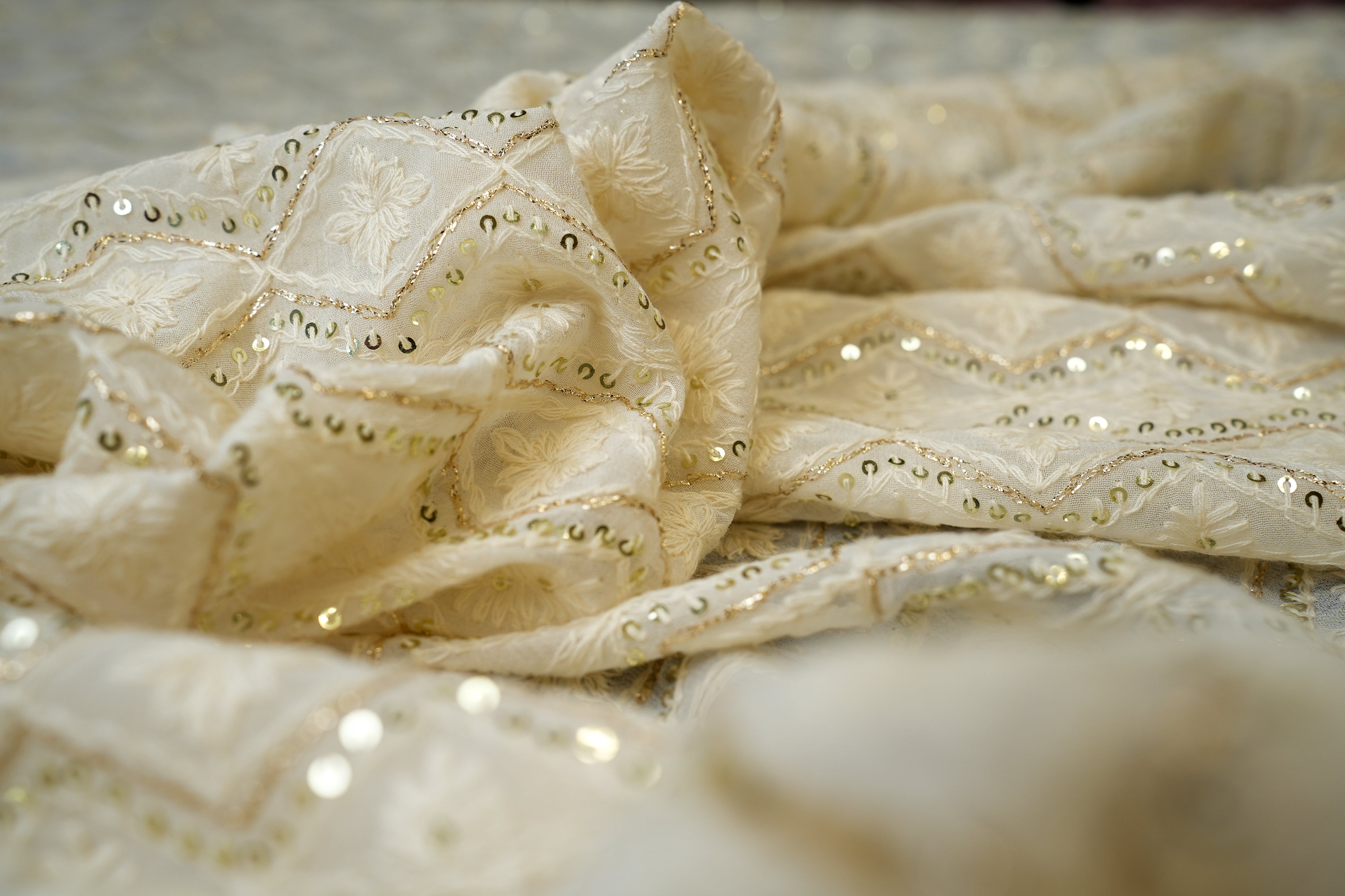 White Georgette Embroidery With Sequins, Threadwork And Border