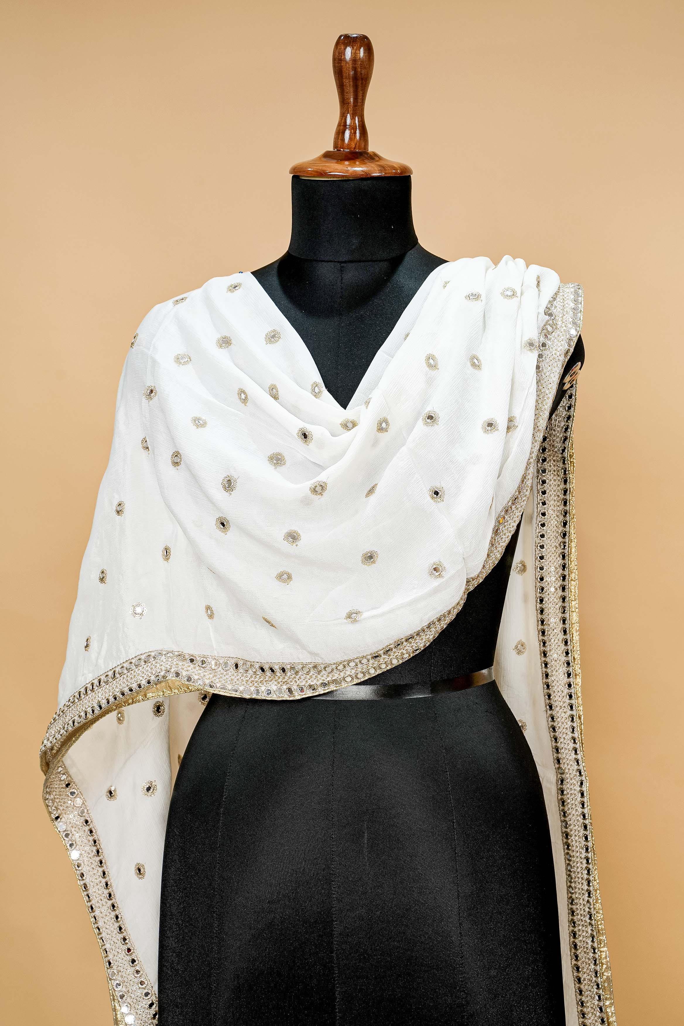 White Dupatta with Zari,faux mirror ,sequins and Scallop Border