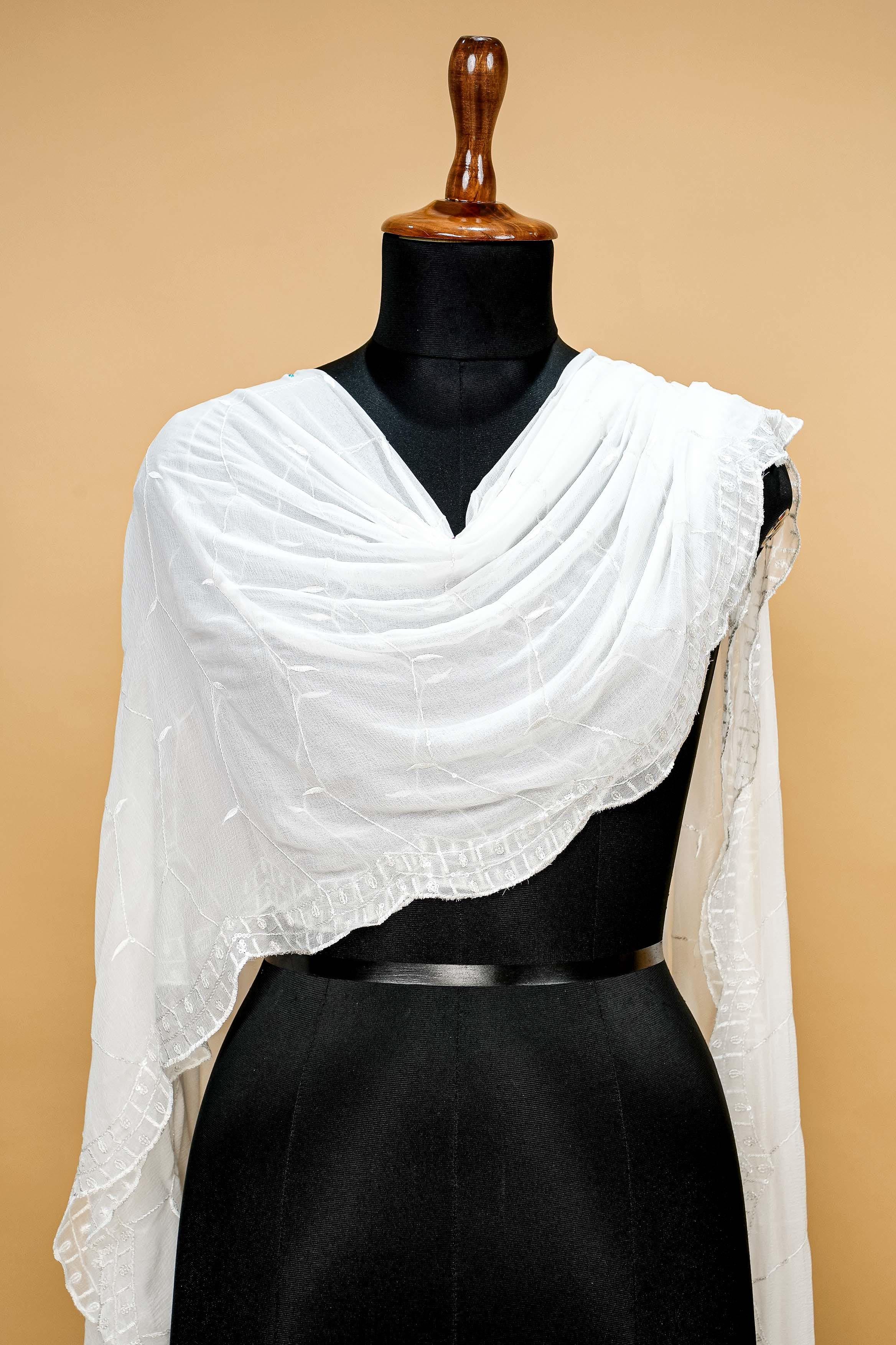 White Dupatta with Thread work, Sequins and Border