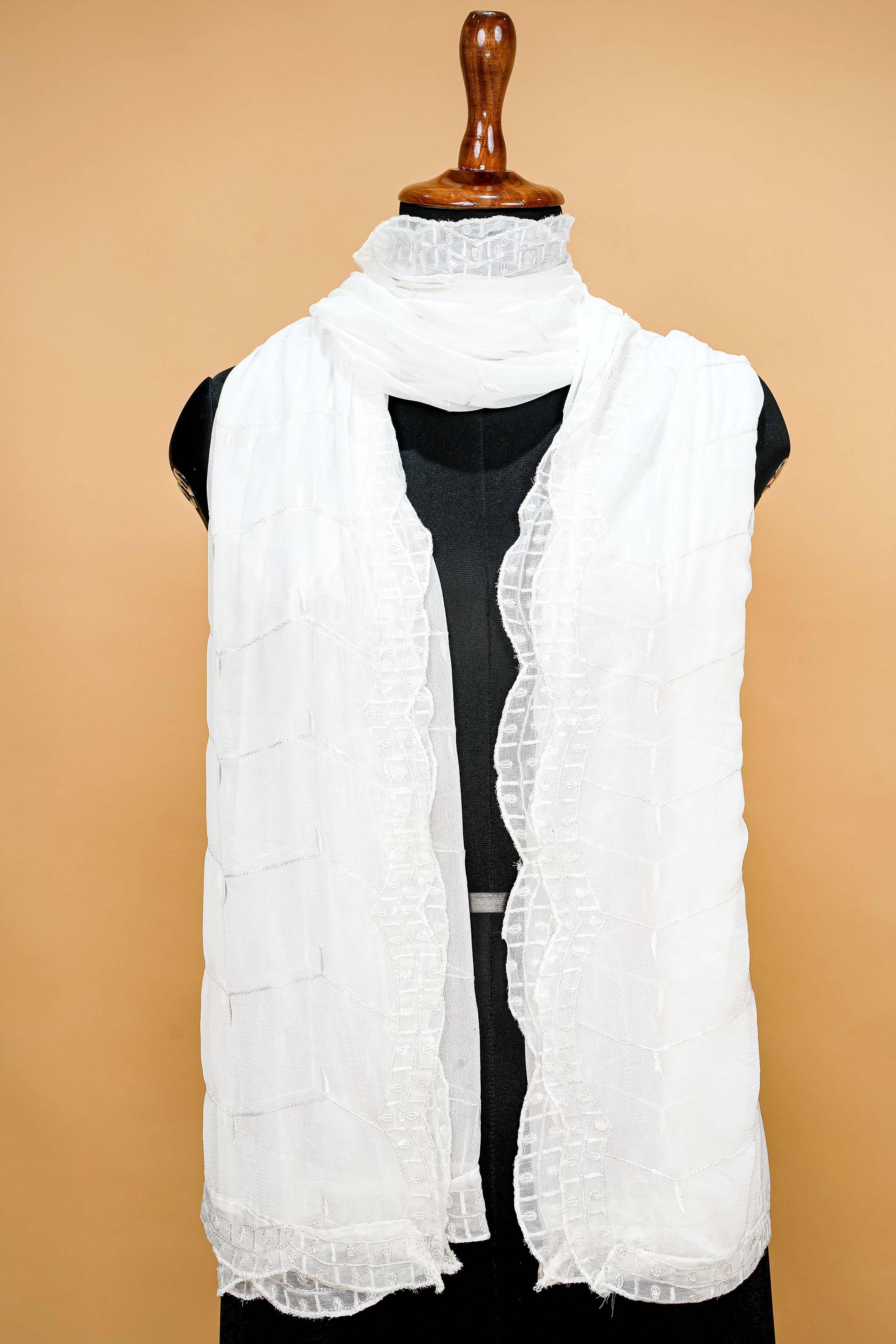 White Dupatta with Thread work, Sequins and Border