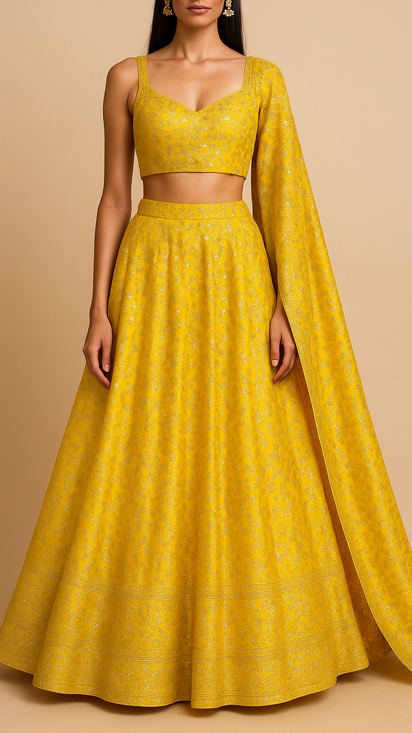 Yellow Silk Fabric with All Over Sequins and Mirror Work and One Side Heavy Border 16048