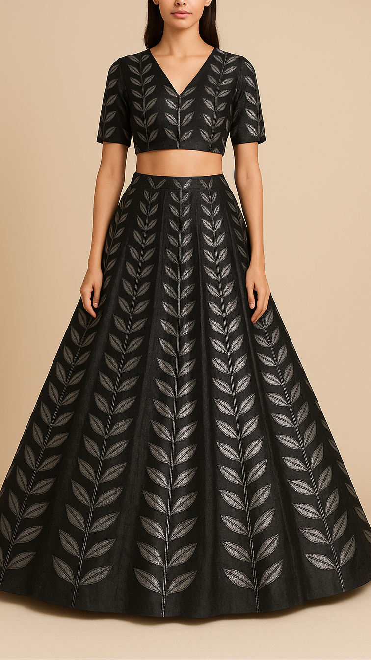 Black Organza Fabric With All Over Leaves Of Foil And Threadwork 16399