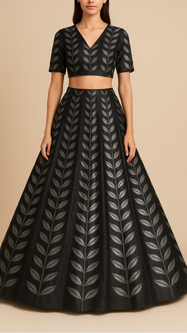 Black Organza Fabric With All Over Leaves Of Foil And Threadwork 16399