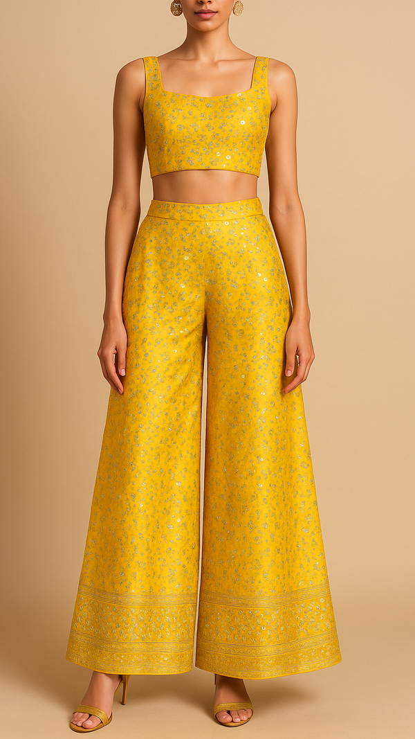 Yellow Silk Fabric with All Over Sequins and Mirror Work and One Side Heavy Border 16048