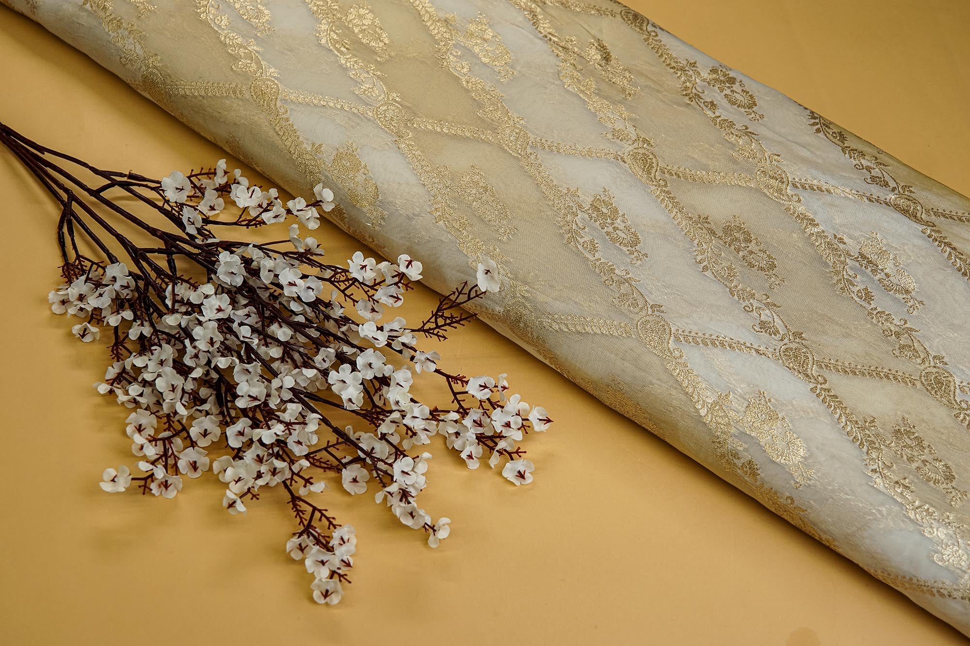 Golden Tissue Fabric With Intricated Banarasi work