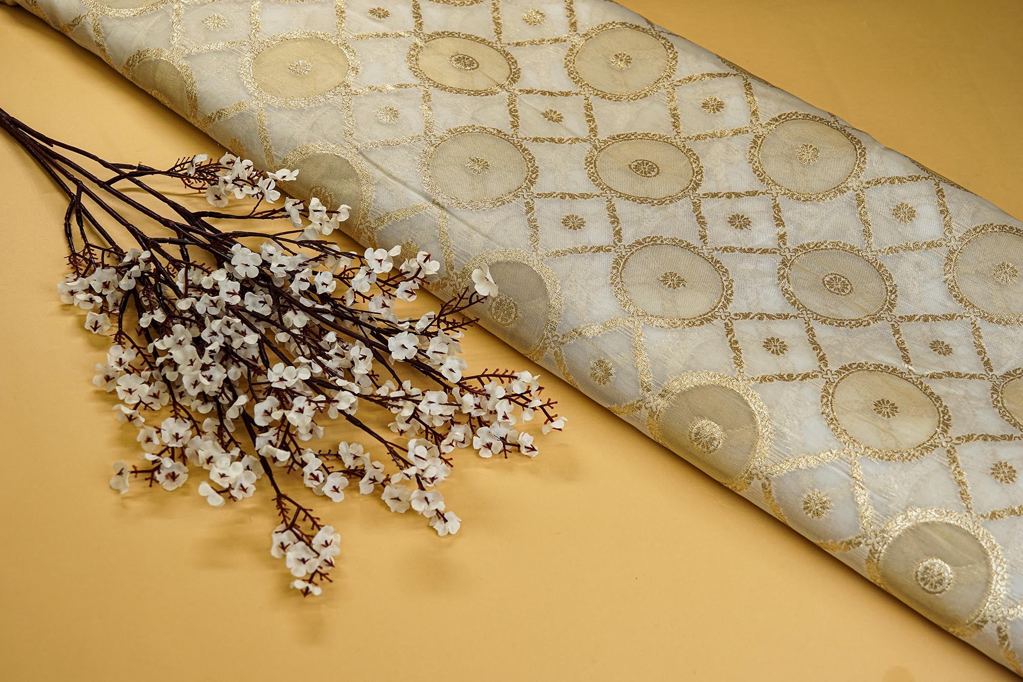 Golden Tissue Fabric With Intricated Banarasi work - Paras Gallery Fabrics