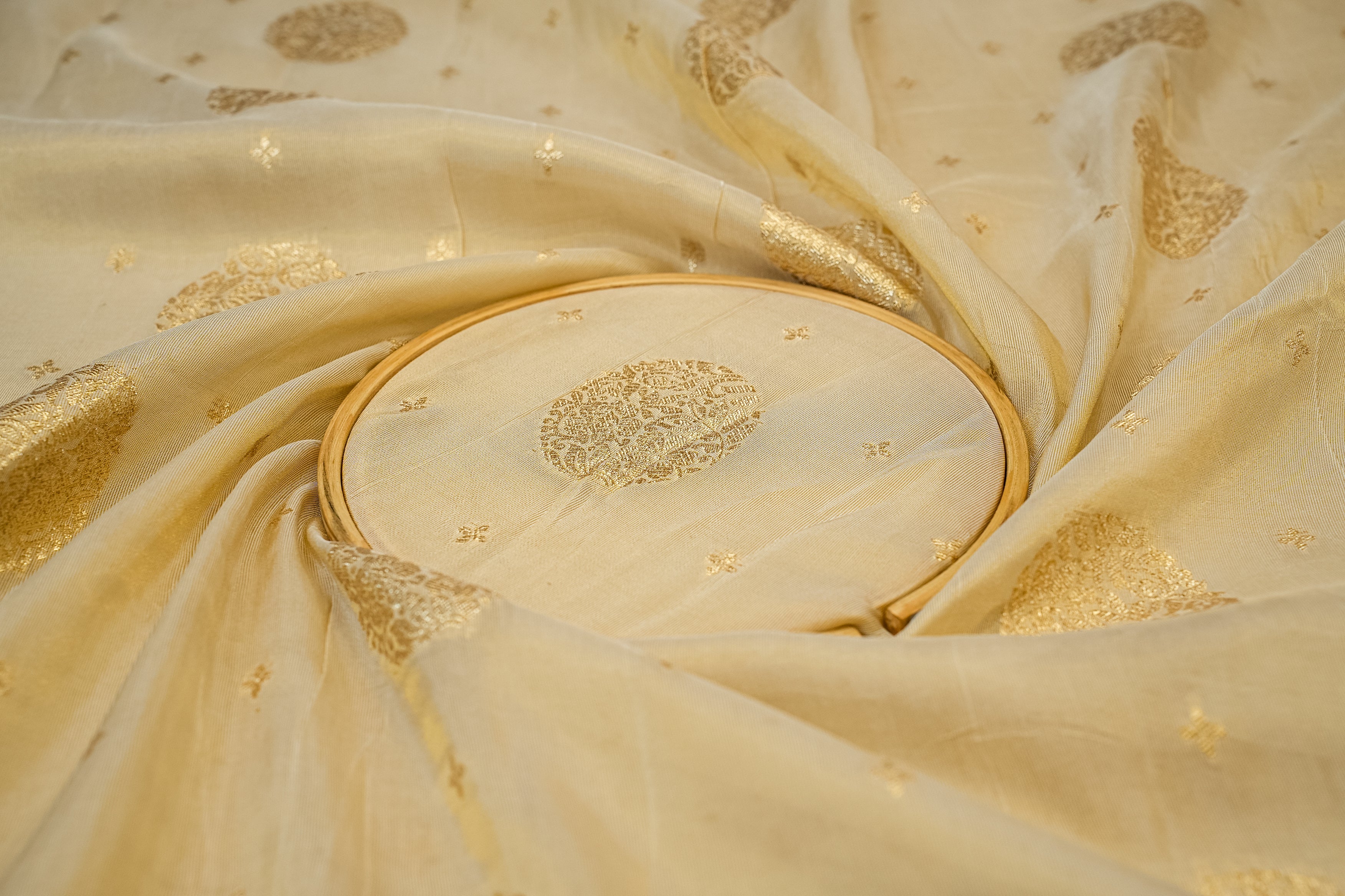 Golden Tissue Fabric With Intricated Banarasi work