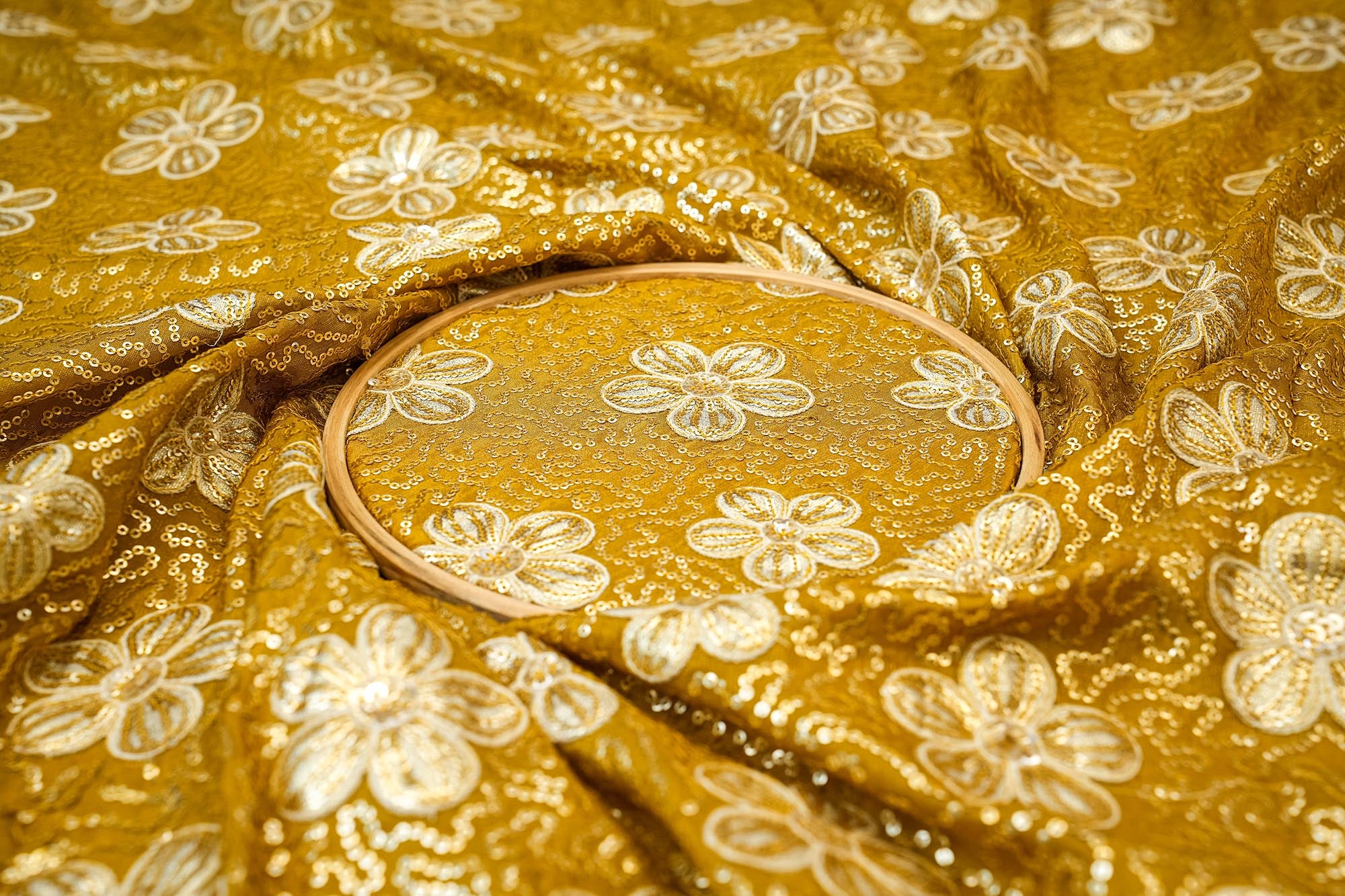 Mustard Floral Tissue with Sequins, Gota Patti, and Threadwork Embroidery