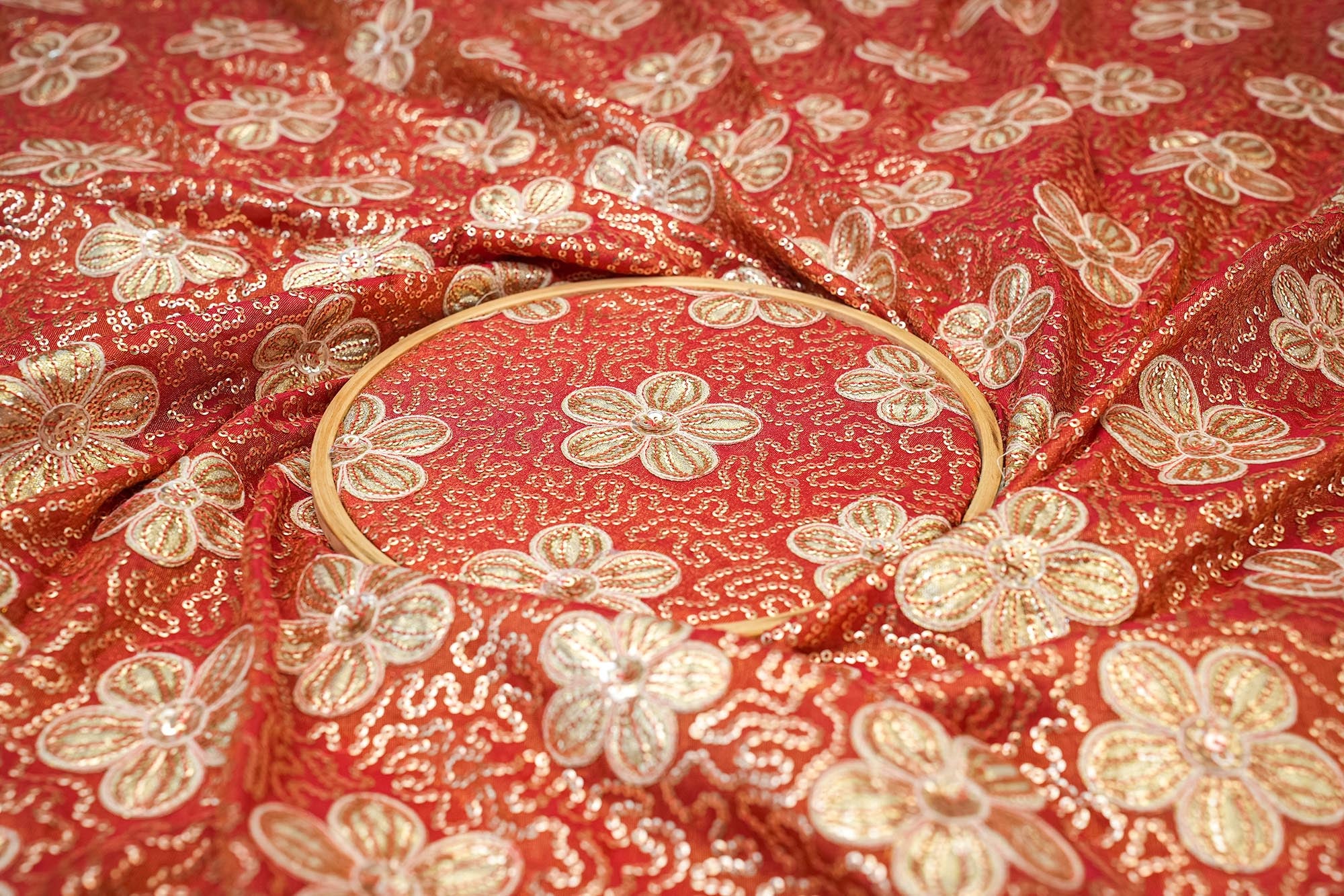 Red Floral Tissue with Sequins, Gota Patti, and Threadwork Embroidery