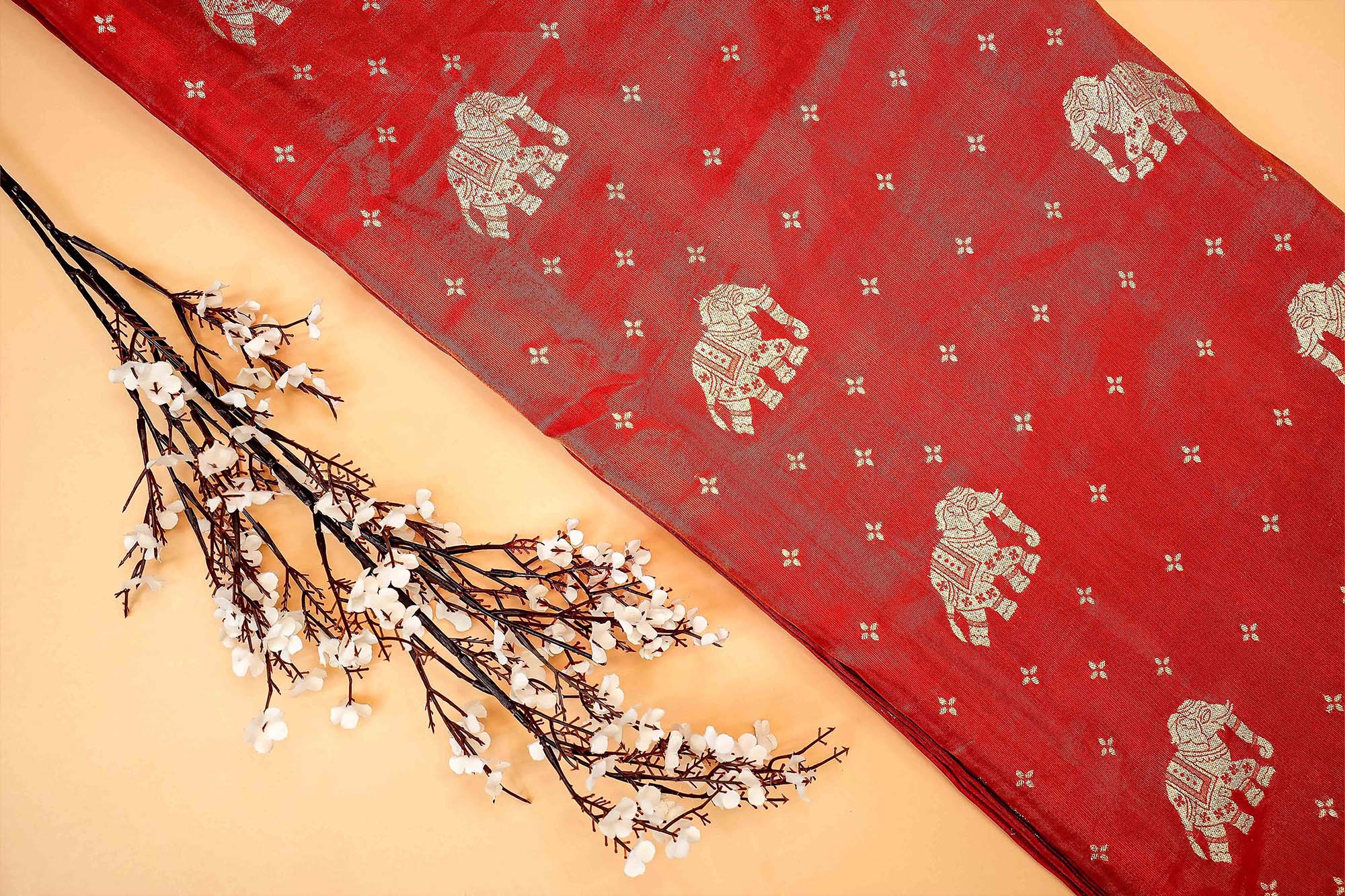 Red Embroidered Tissue with Exquisite Banarasi Detailing