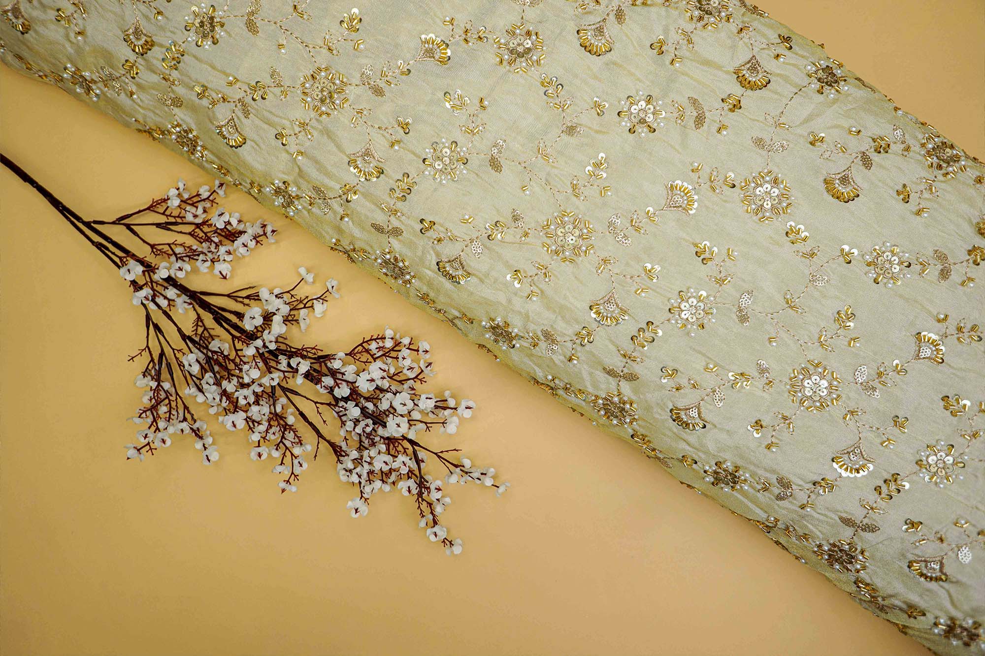 Golden Tissue Fabric With sequins ,Beads, Katdana And Zari work