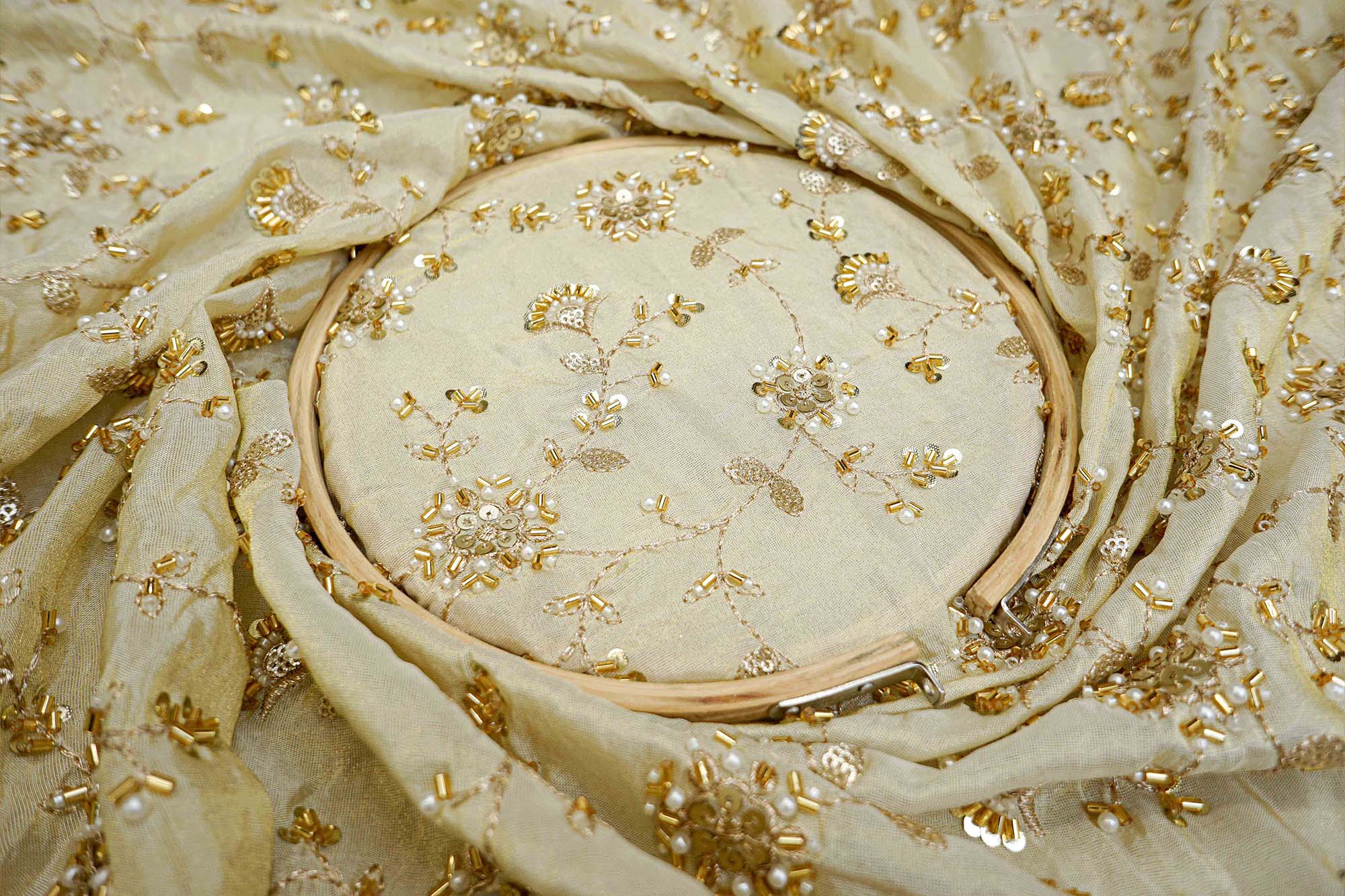 Golden Tissue Fabric With sequins ,Beads, Katdana And Zari work