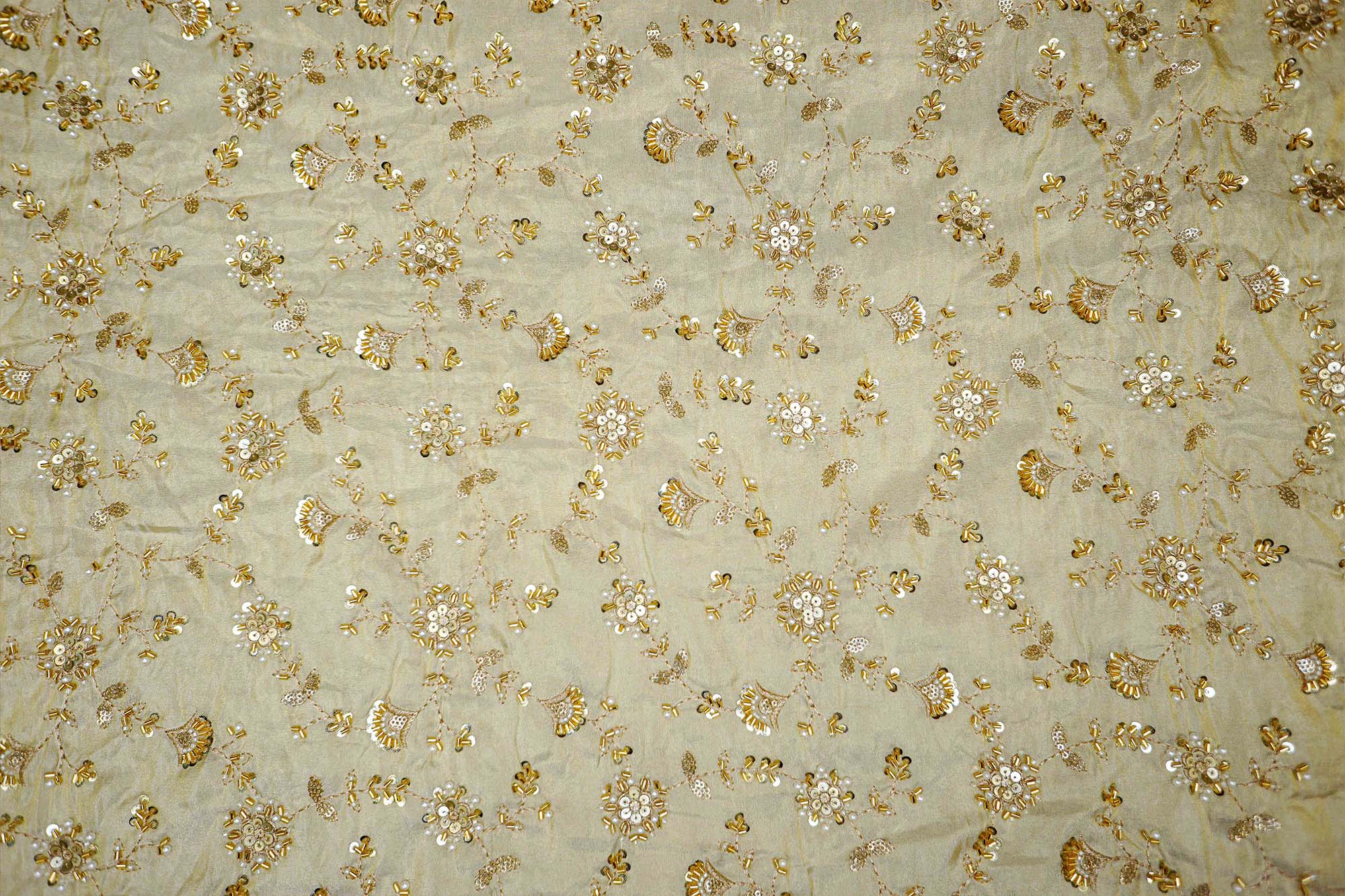 Golden Tissue Fabric With sequins ,Beads, Katdana And Zari work