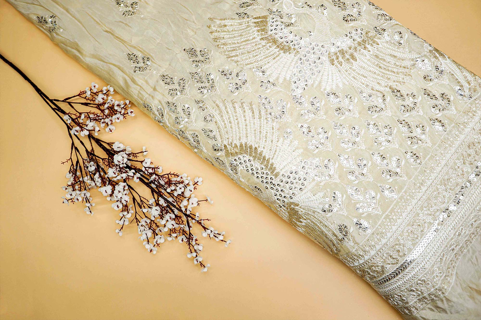 Golden Tissue Fabric With Sequins , Zari And Threadwork Elegance