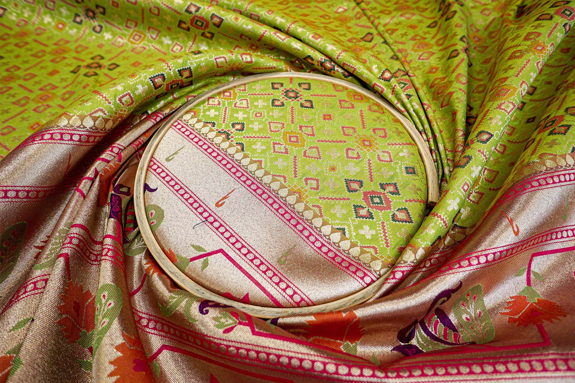 Parrot Green Banarasi Brocade with Beautiful Traditional Print and Border