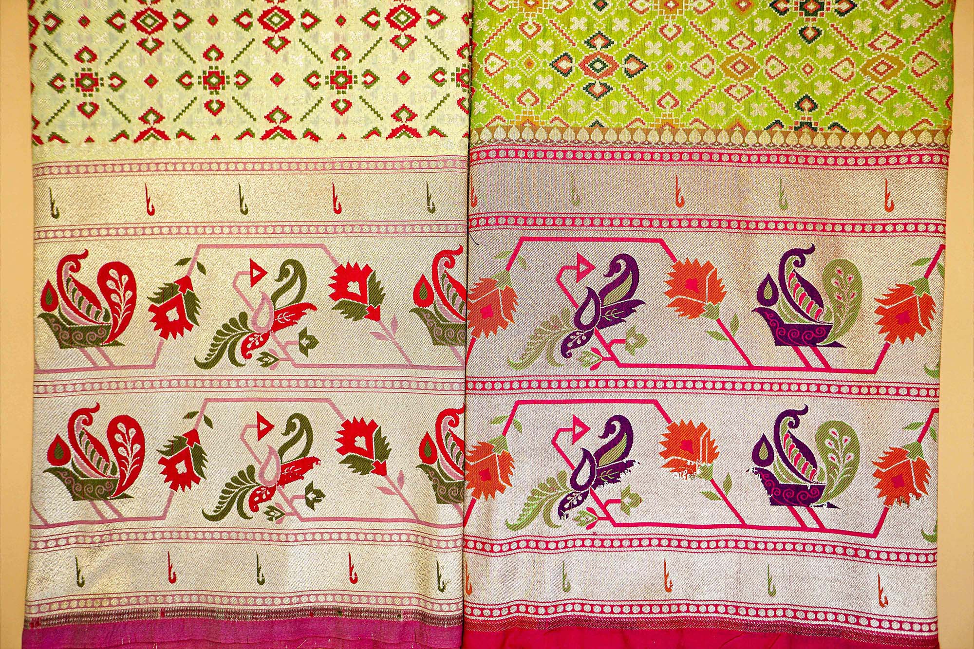 Parrot Green Banarasi Brocade with Beautiful Traditional Print and Border