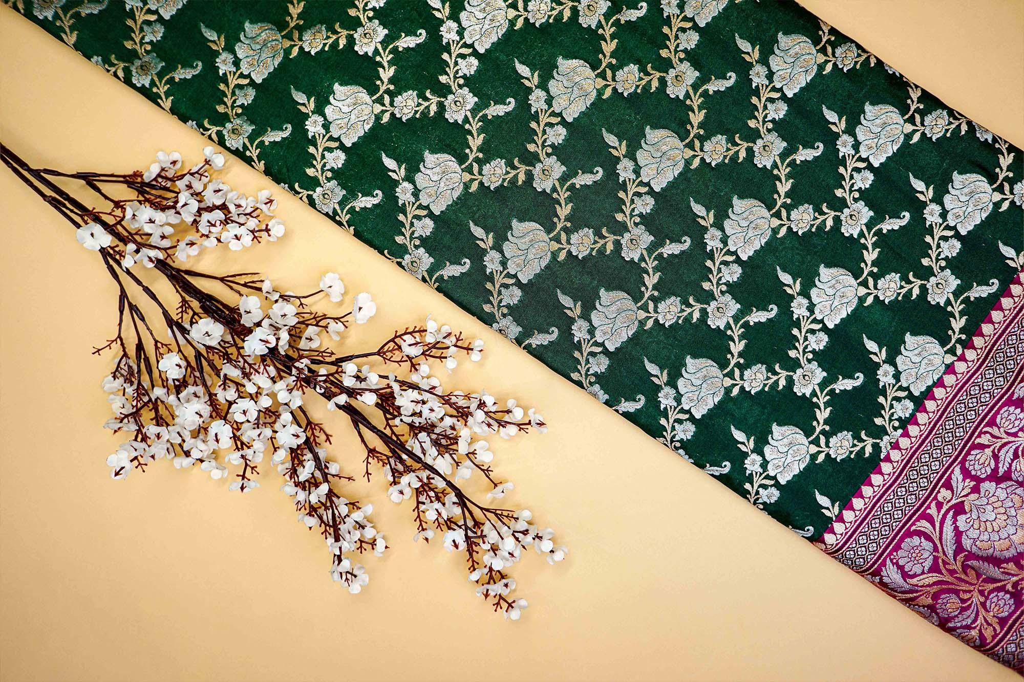 Green Banarasi Brocade with Beautiful Traditional Print and Border