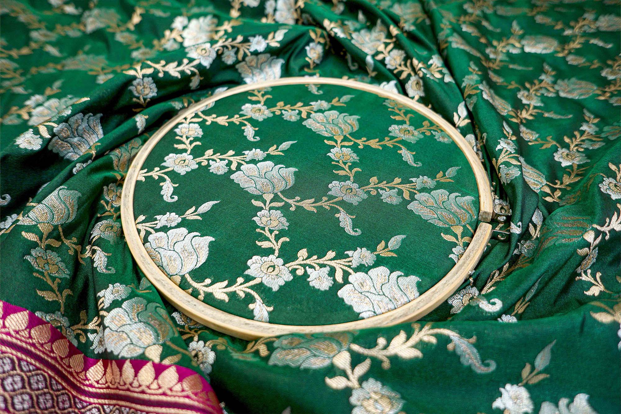 Green Banarasi Brocade with Beautiful Traditional Print and Border