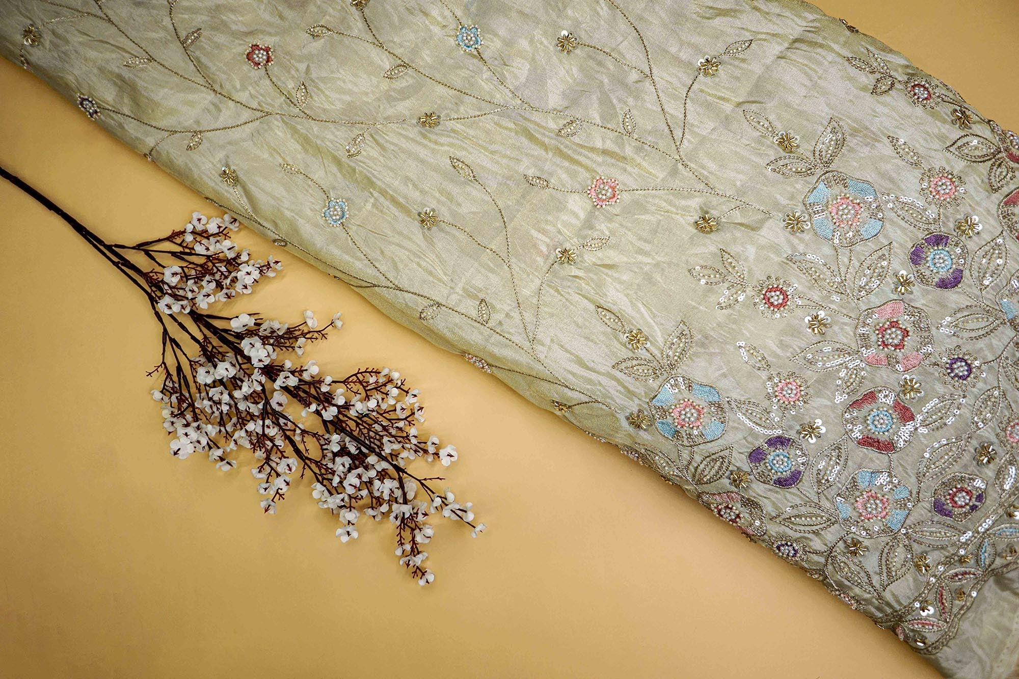 Golden Tissue Fabric With sequins ,Beads, Katdana And Zari work