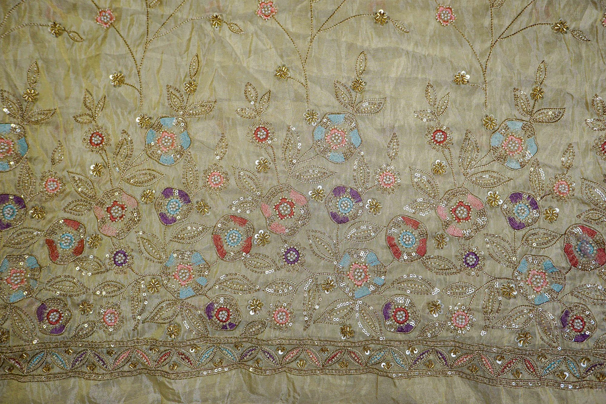 Golden Tissue Fabric With sequins ,Beads, Katdana And Zari work