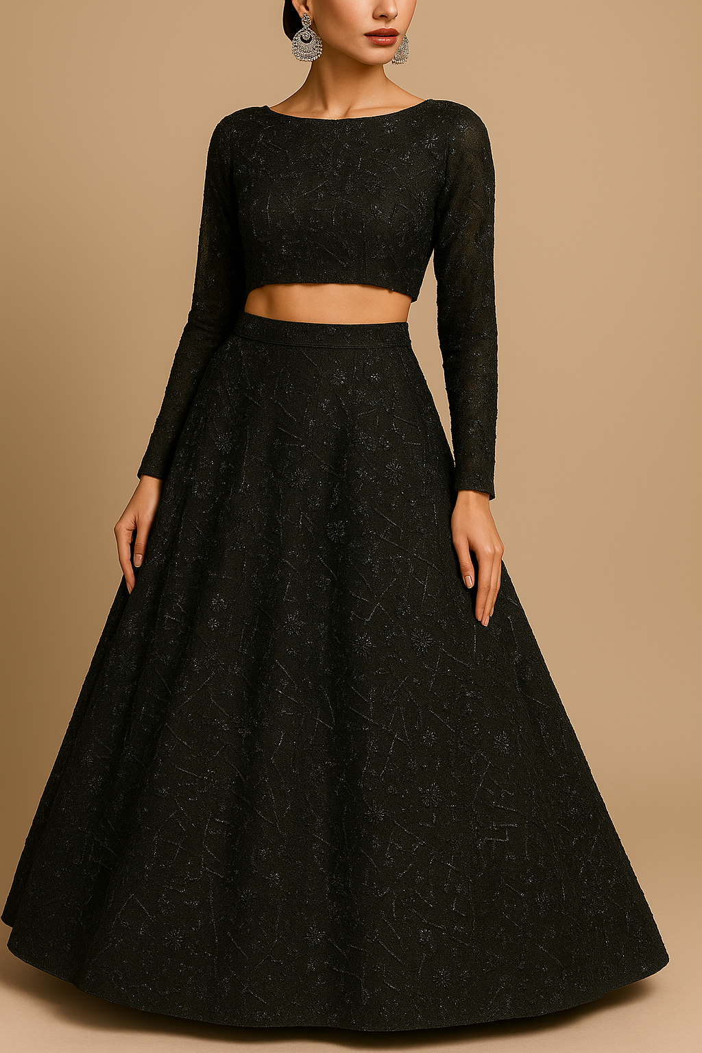 Black Imported Net Fabric with All Over Katdana, Bead, and Sequins Work 10163