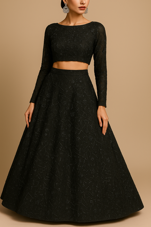 Black Imported Net Fabric with All Over Katdana, Bead, and Sequins Work 10163