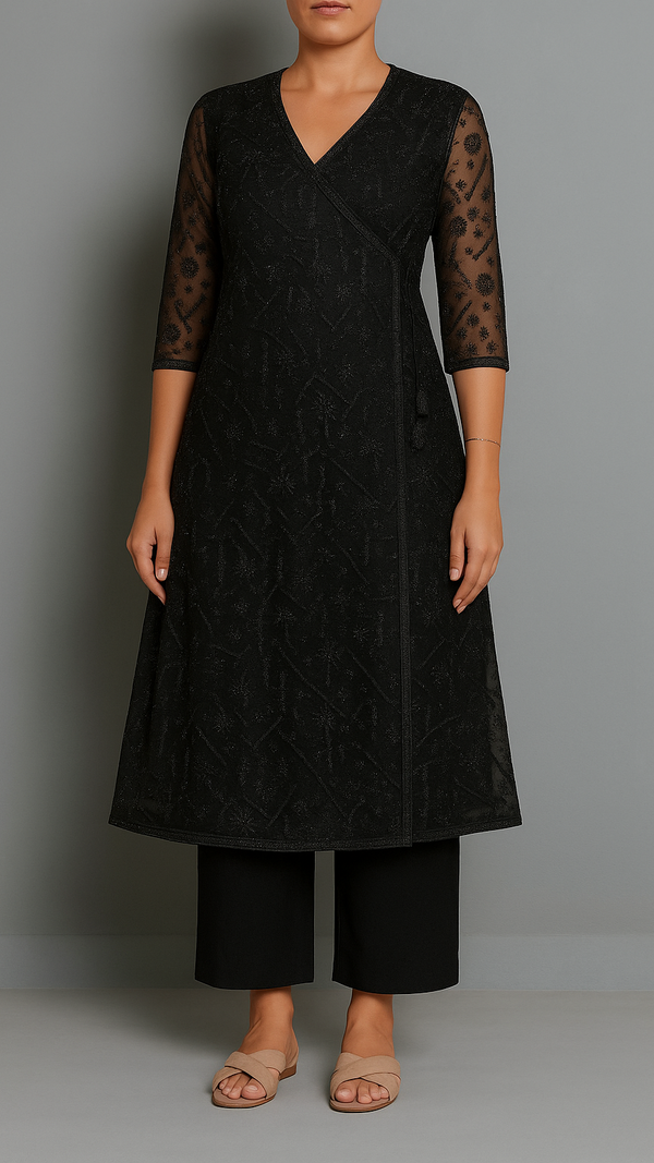 Black Imported Net Fabric with All Over Katdana, Bead, and Sequins Work 10163