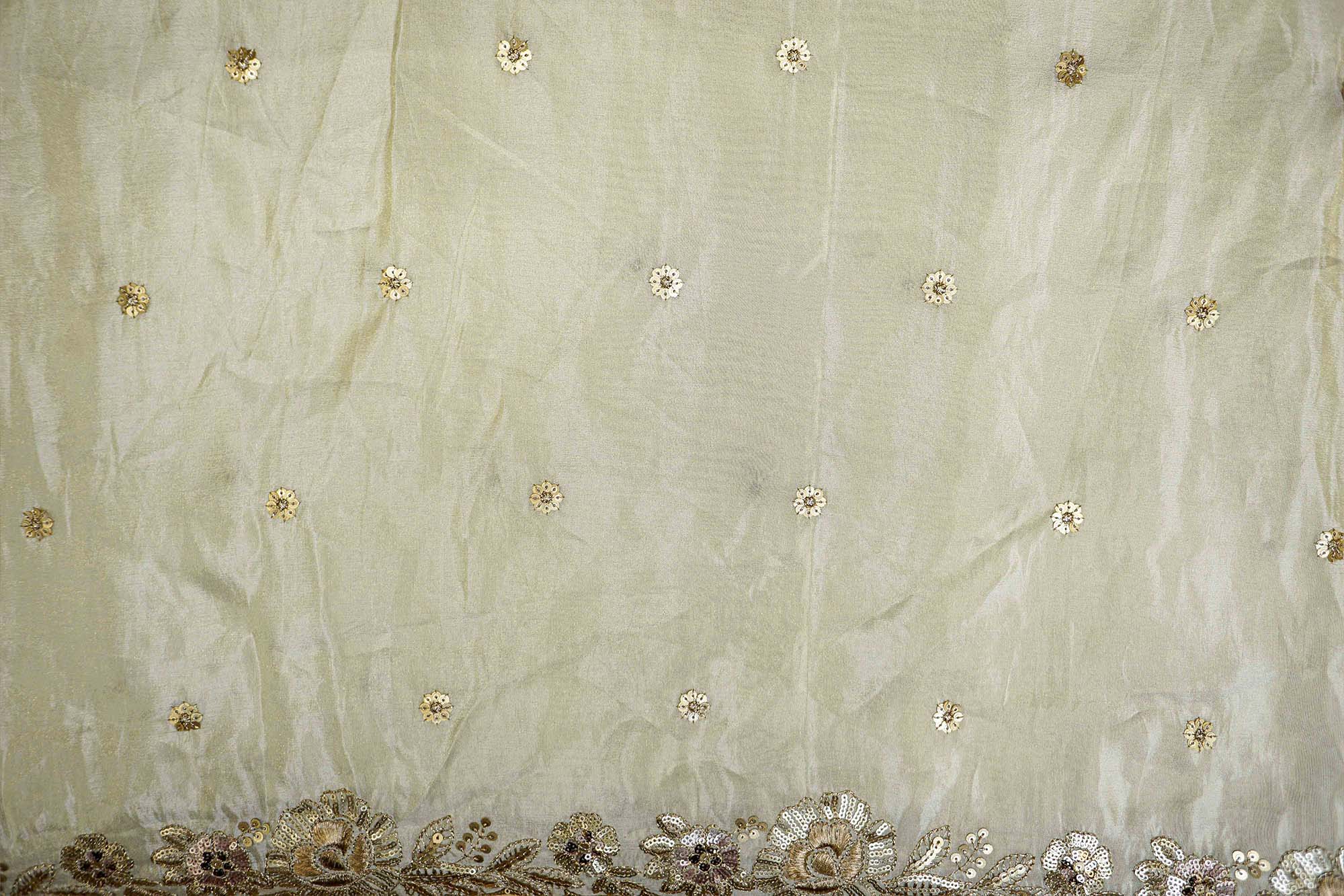 Golden Tissue Fabric With Sequins Butti allover And Threadwork with scallop border