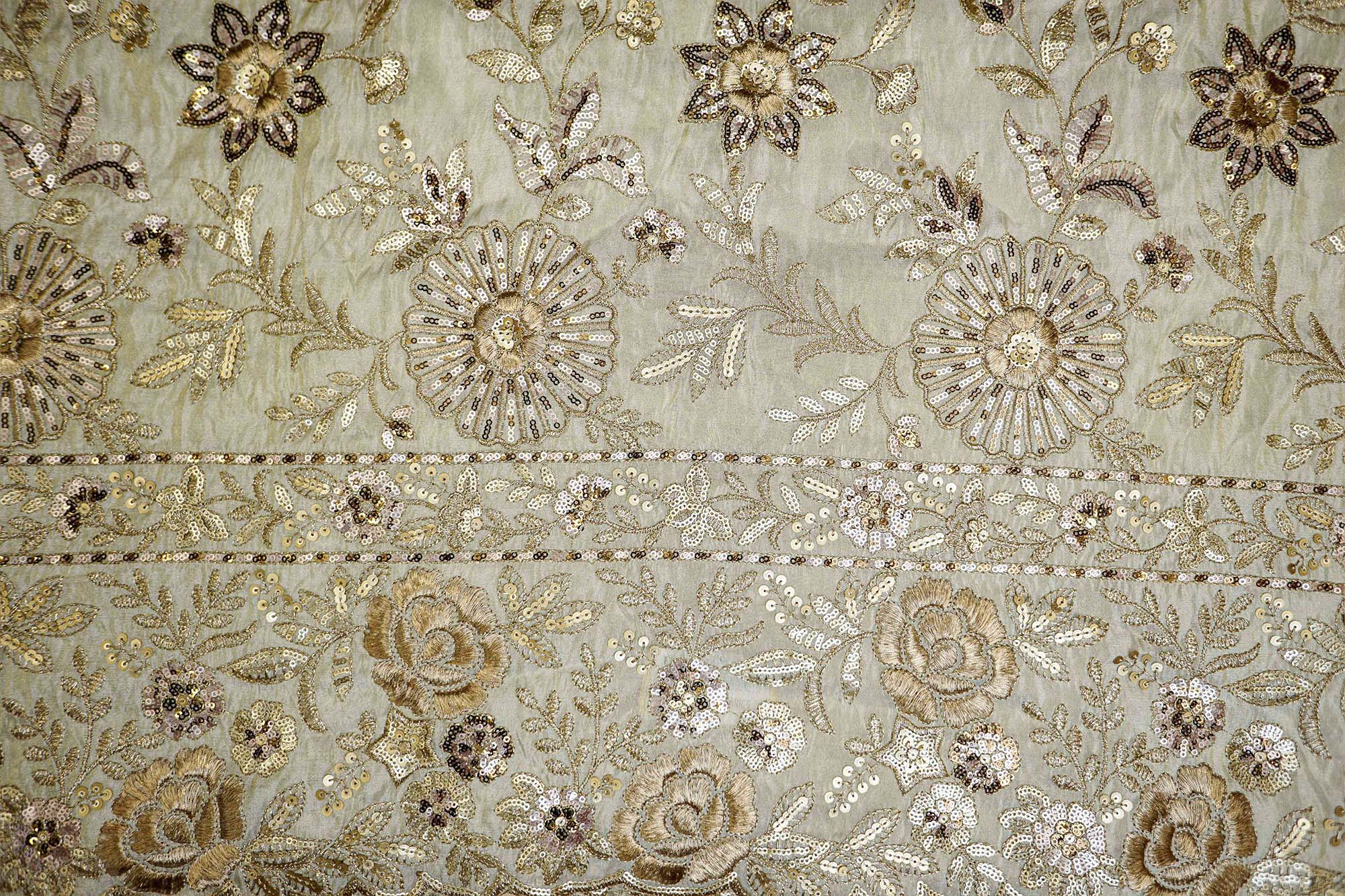 Golden Tissue Fabric With Sequins And Threadwork Elegance