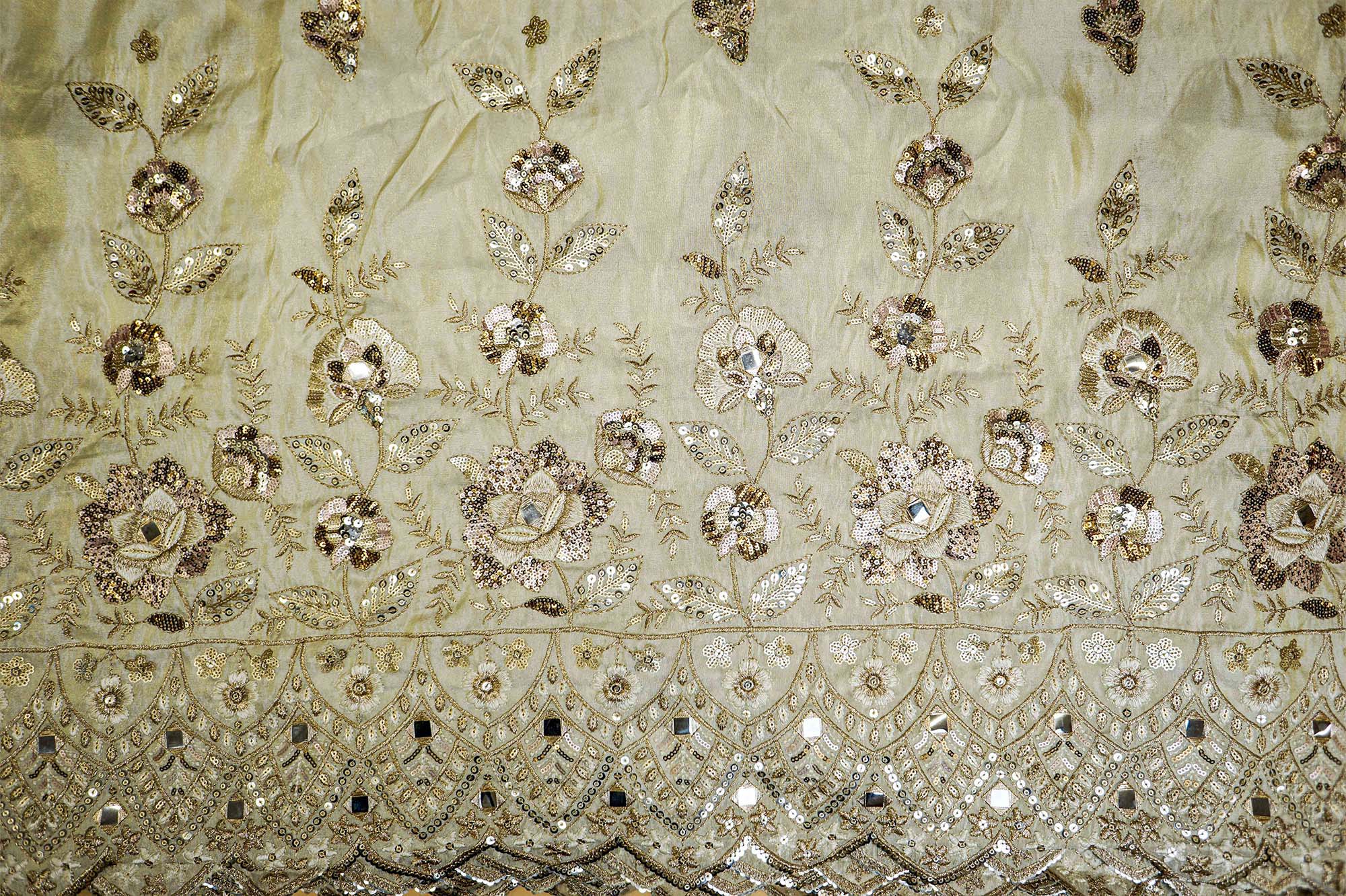 Golden Tissue Fabric With Faux Mirror,Sequins and Threadwork Elegance