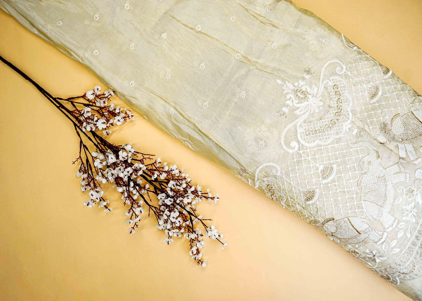 The Noor - Golden Tissue Fabric With Sequins, Zari And Threadwork Elegance | 10191