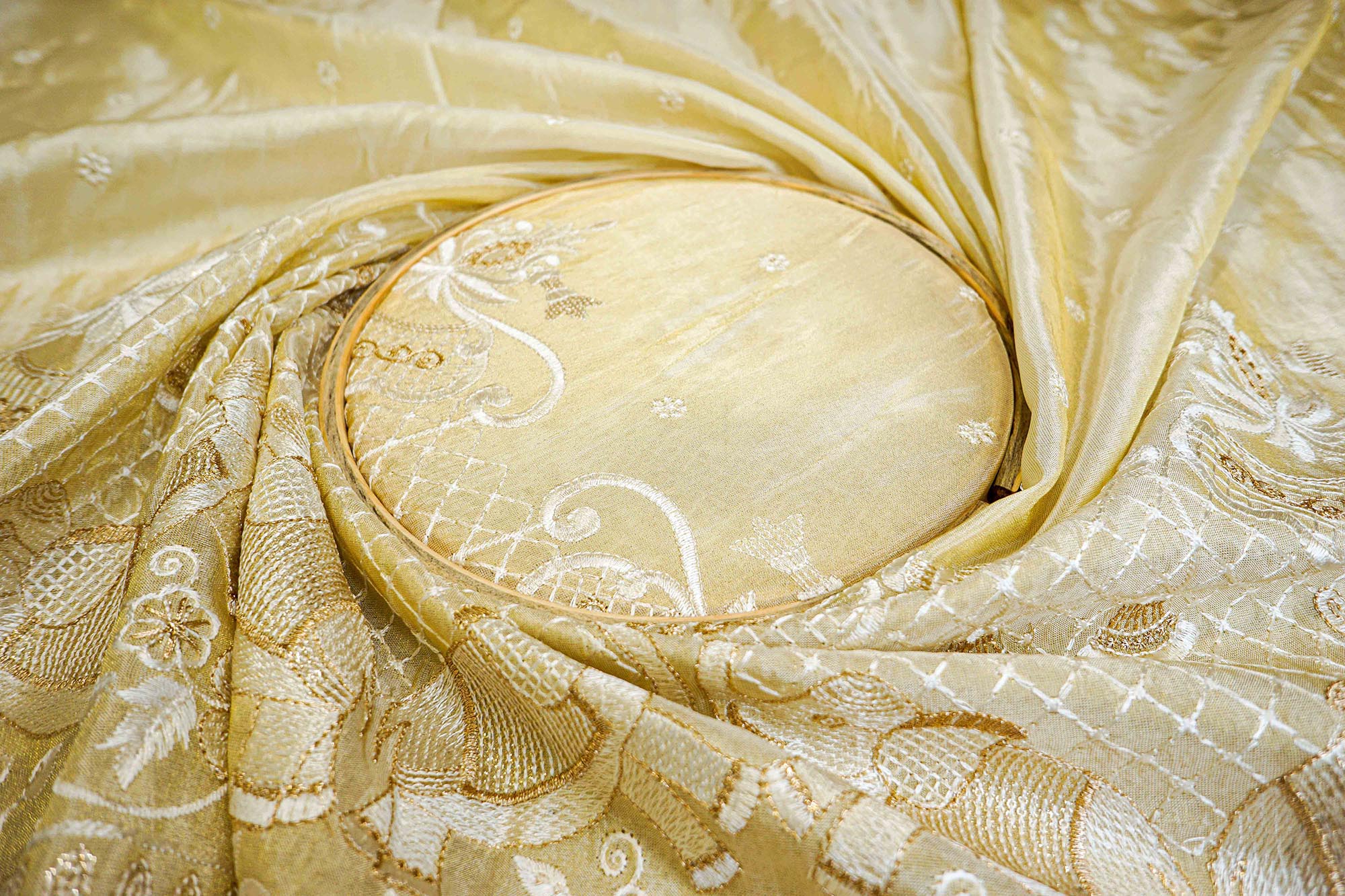 Golden Tissue Fabric With Sequins , Zari And Threadwork Elegance