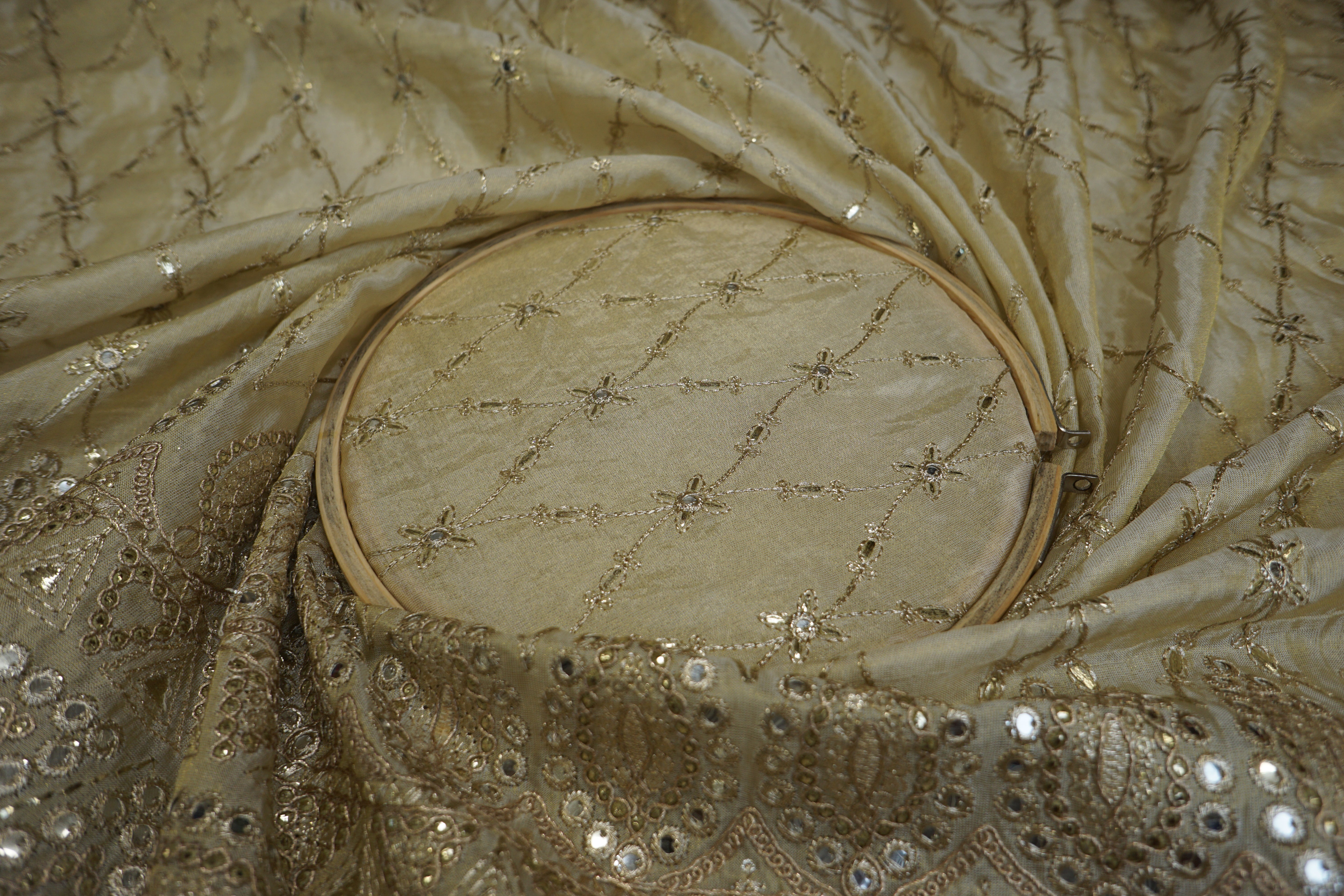 Golden Embroidered Fabric with Faux Mirror and Zari Highlights