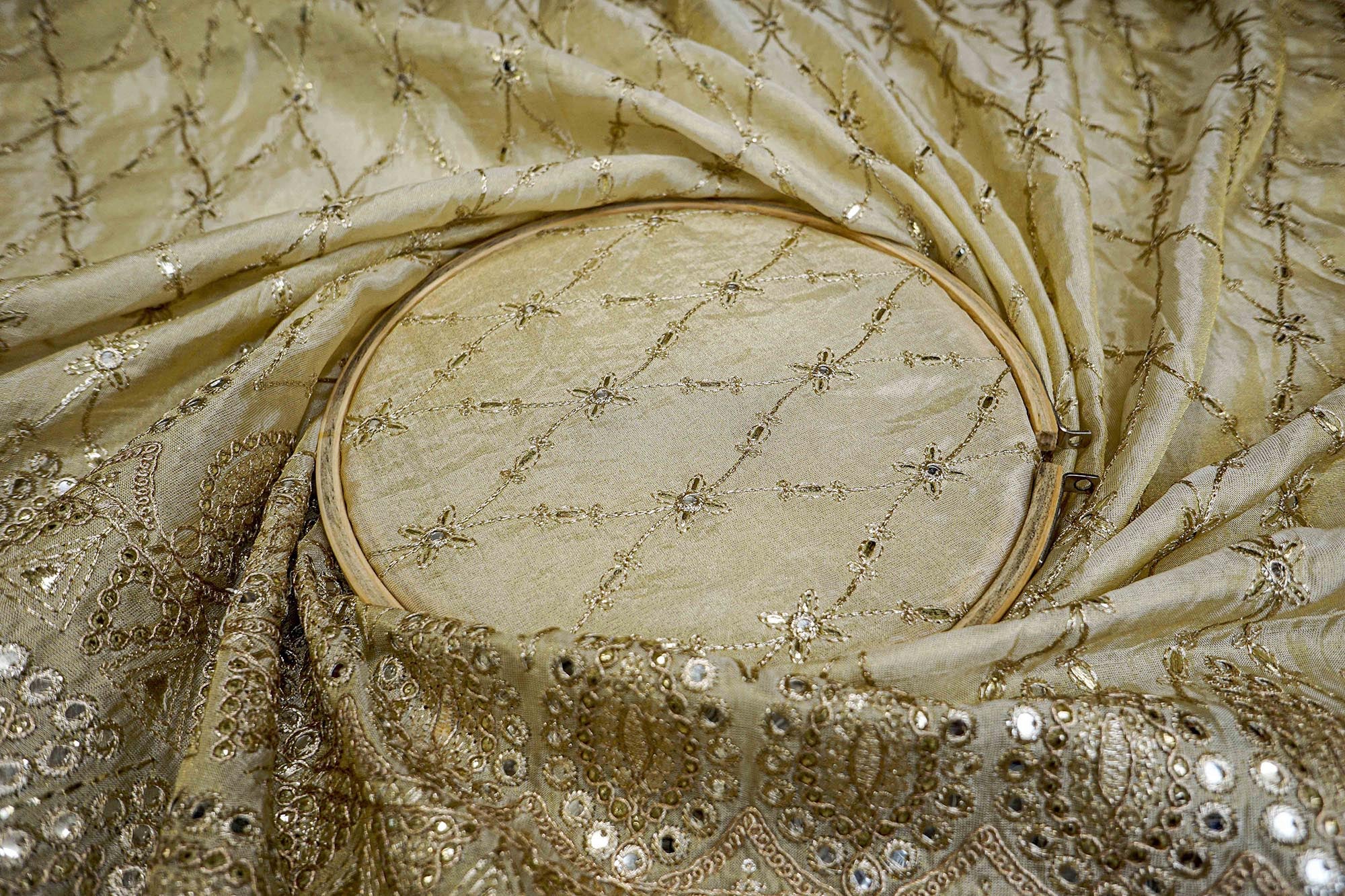 Golden Embroidered Fabric with Faux Mirror and Zari Highlights