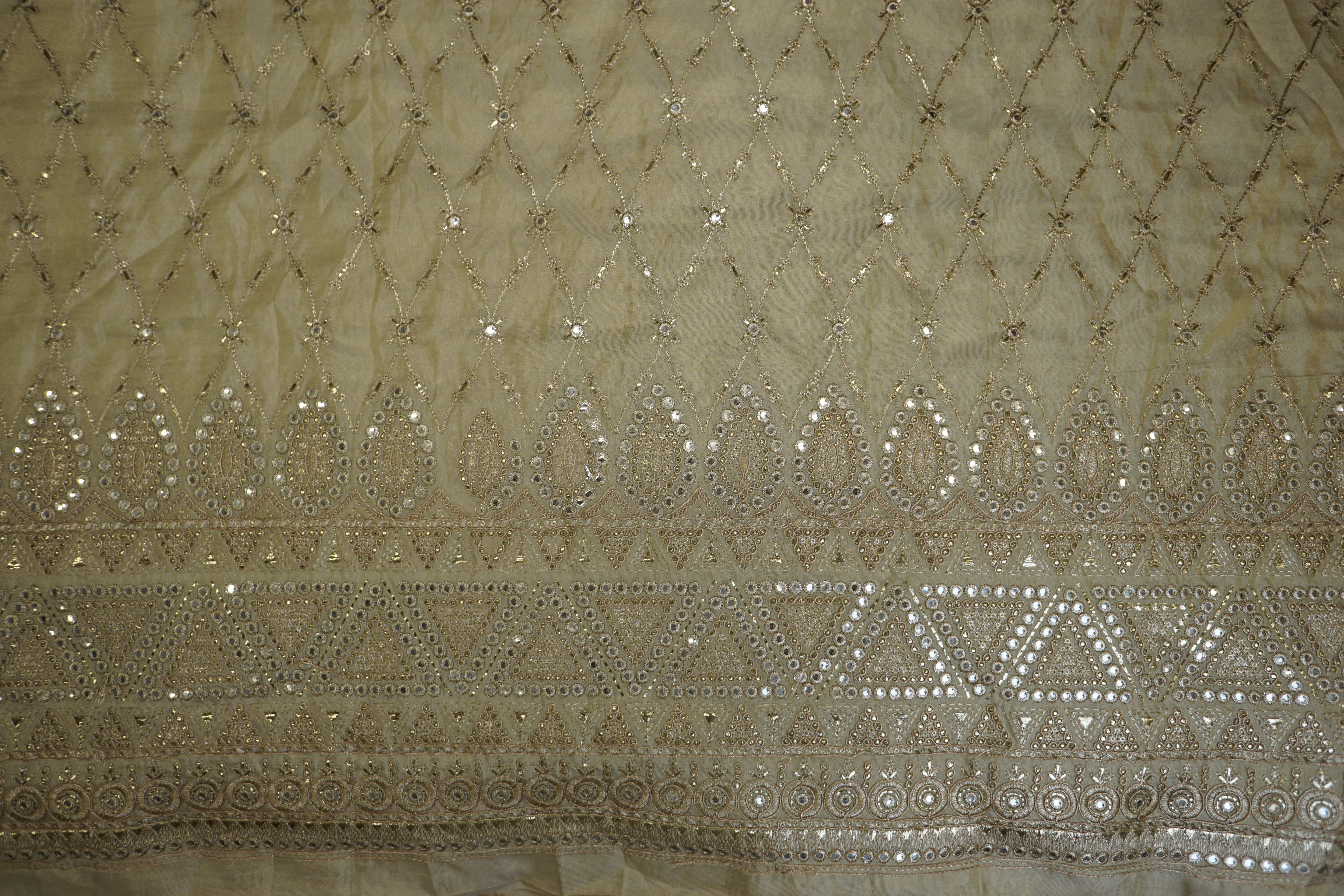 Golden Embroidered Fabric with Faux Mirror and Zari Highlights