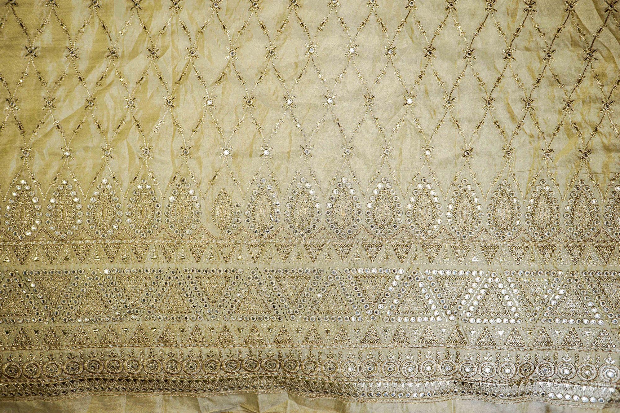 Golden Embroidered Fabric with Faux Mirror and Zari Highlights