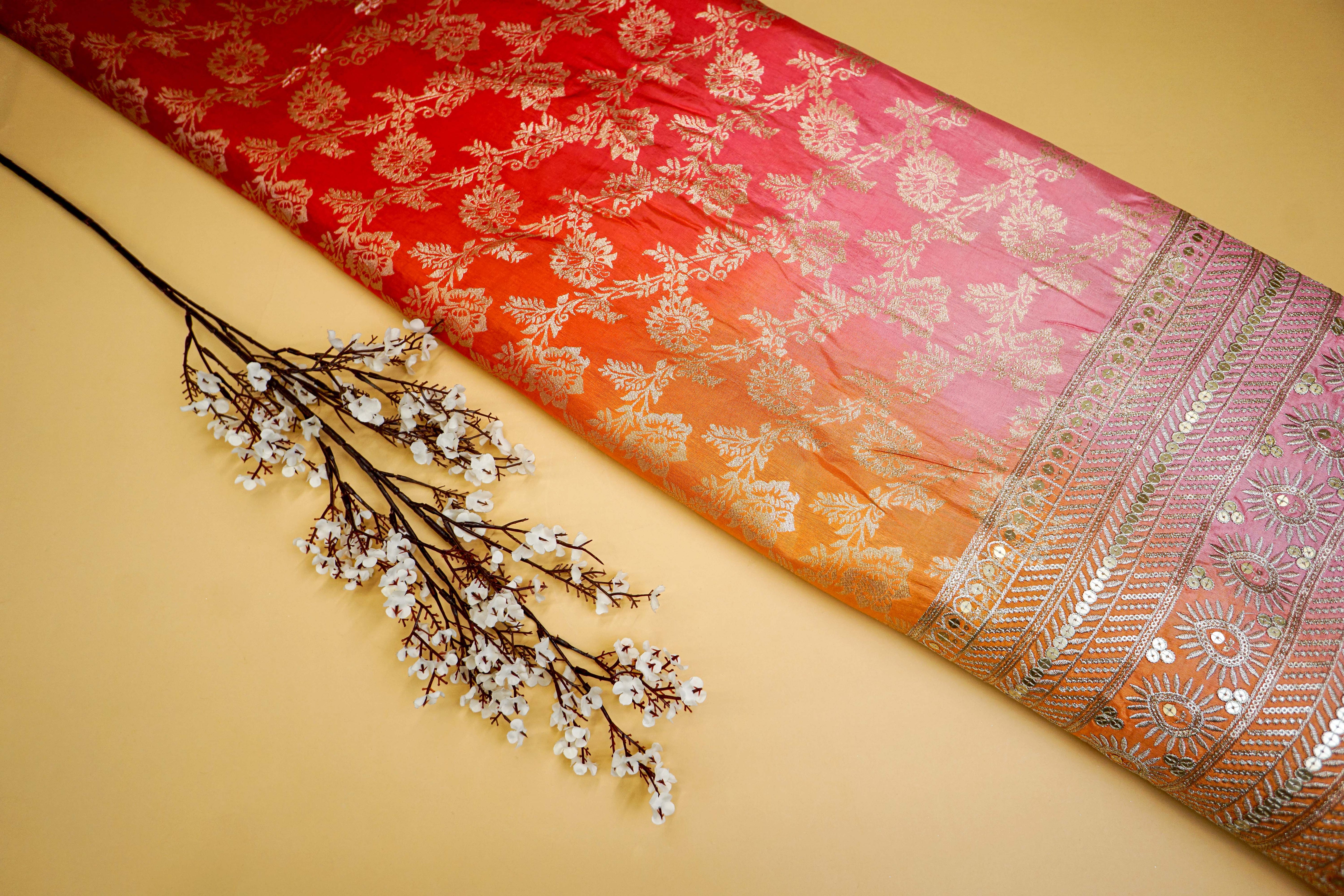 Red Banarasi Ombre silk with Sequins and Zari work