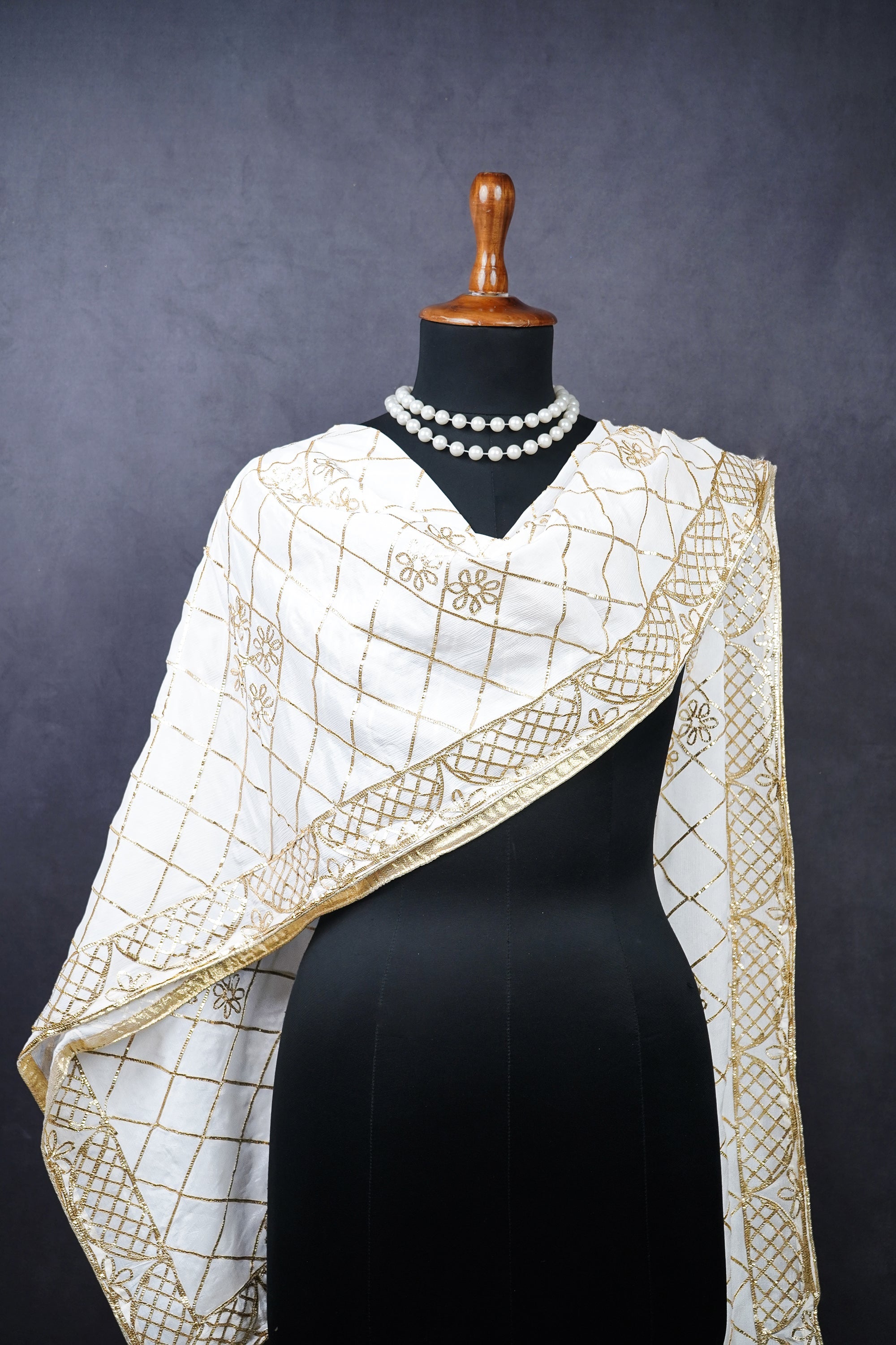 White Dyeable Chinon Chiffon Dupatta With All Over Gota Patti Work 10253
